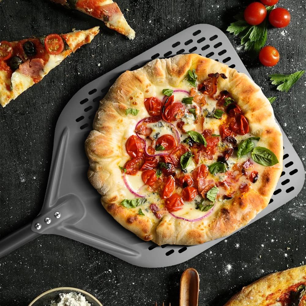 G.a HOMEFAVOR 14" x 17" Perforated Pizza Peel 35 Inch overall, Rectangular Aluminum Pizza Turning Peel with Extended Silcone Handle For Baking Pizza Brick Oven