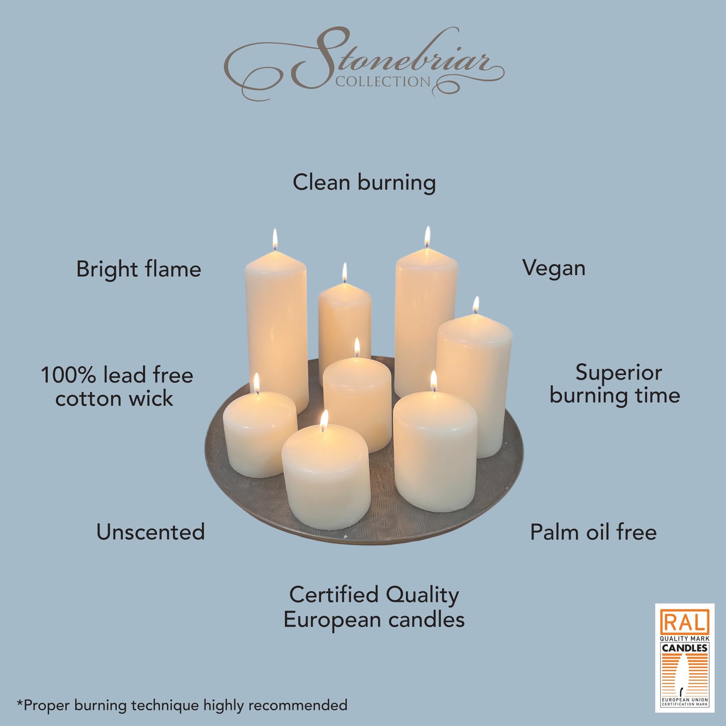 Stonebriar 3 Pack Tall 3 x 8 Inch 80 Hour Long Burning Unscented White Wax Pillar Candles