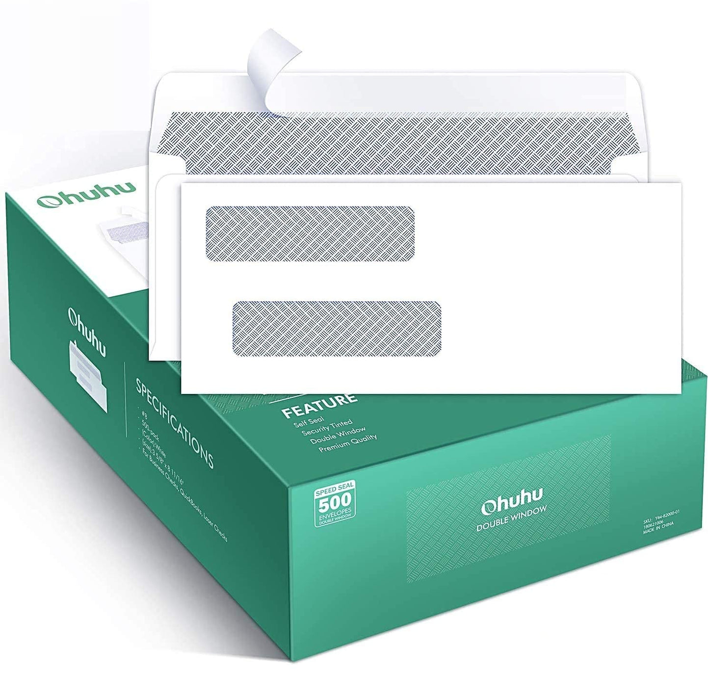 Ohuhu 500 Pack #8 Double Window Envelope SELF SEAL Adhesive Tinted Security Envelopes Quickbooks Check, Business Check, Documents Secure Mailing, 3 5/8" x 8 11/16", White Envelope