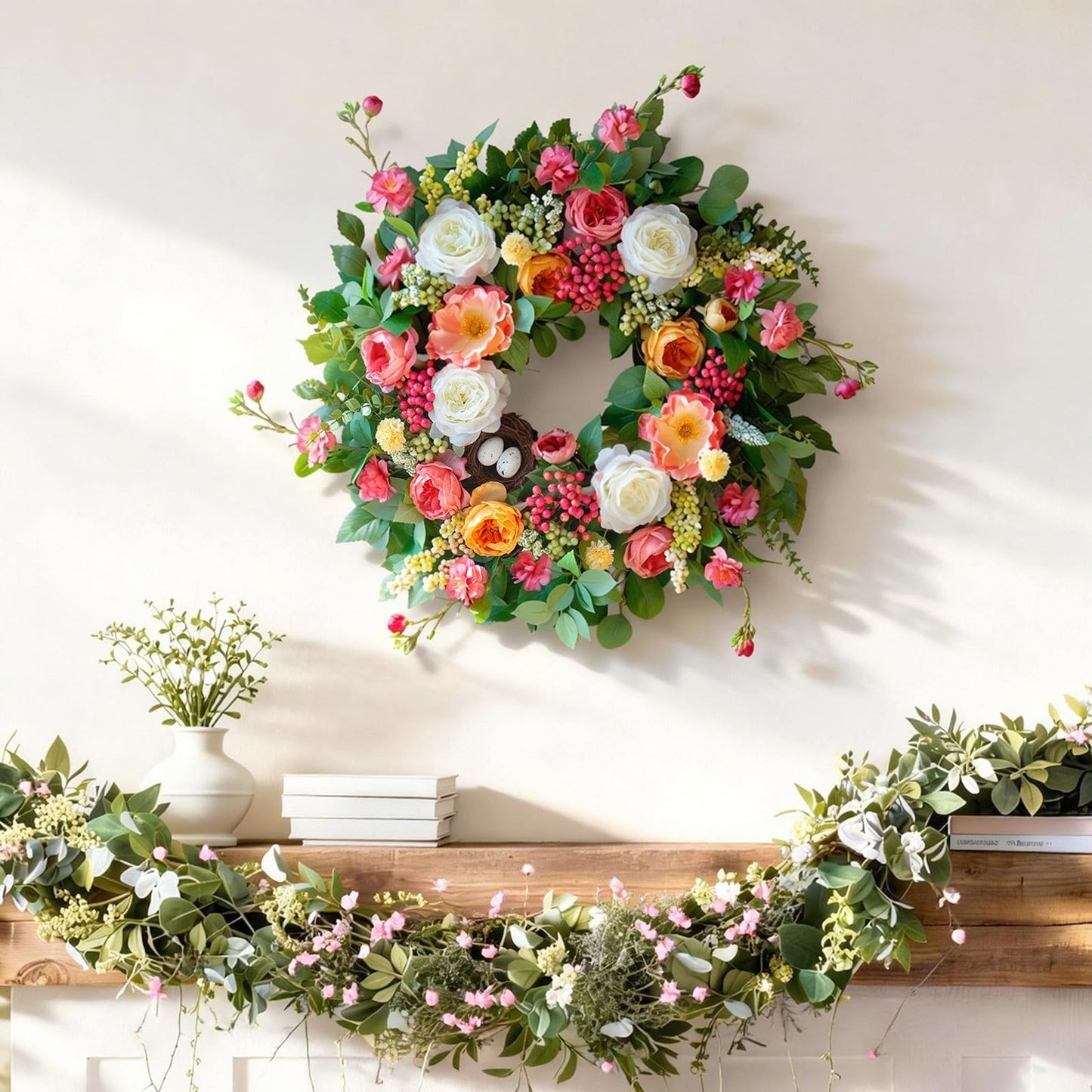 CHvista 24 Inch Spring Wreaths for Front Door Outside,Handcrafted Spring Door Wreath with Roses,Eucalyptus Greener y& Bird Nest Eggs,Luxury Summer Wreaths for Front Door for Porch Home Wall Window