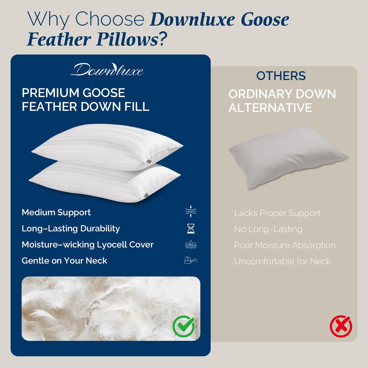 downluxe Goose Feather and Down Pillows - Hotel Collection Feather Pillows Set of 2 for Back, Stomach or Side Sleepers, Queen Size (20"x28")