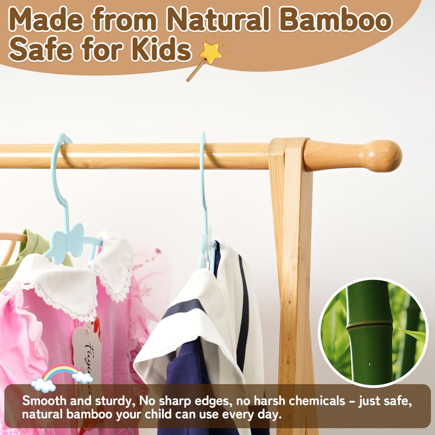 Bamnestor Bamboo Kids Clothing Rack with Storage Box - Foldable,Kids Dress Up Rack with Hooks & Rod, Organize Dress Up Storage & School Uniforms, Perfect for 4-13 Year Olds