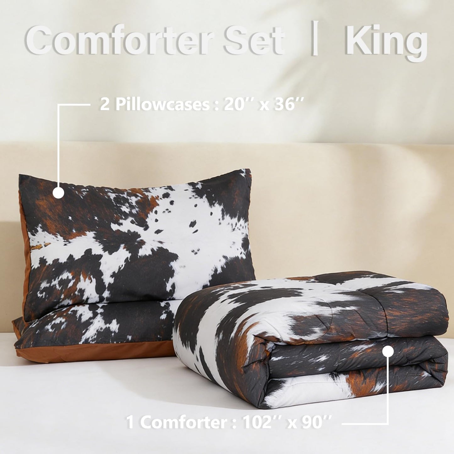 PERFEMET Black King Size Comforter Set 3 Pieces Cow Print Bedding Set Western Farmhouse Rustic Bed Comforter Animal Cowhide Quilt Set for Bedroom Decoration