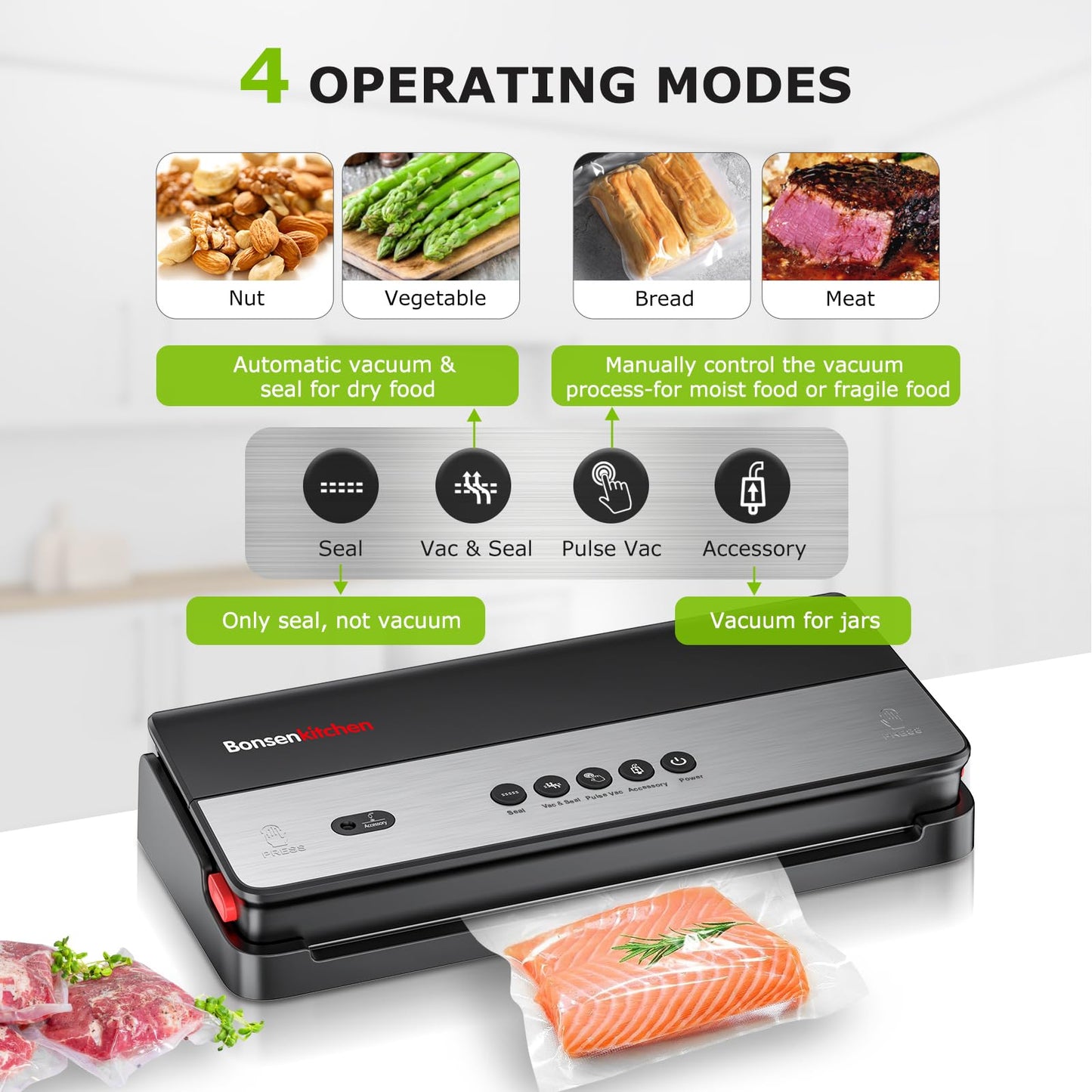 Bonsenkitchen Vacuum Sealer, Multi-Functional Food Sealer with 1 Roll Bag+ 50 Bags, Fast-Compact Design | Bag Storage | Built-in Cutter, External Vacuum System & Accessory Tube, Silver