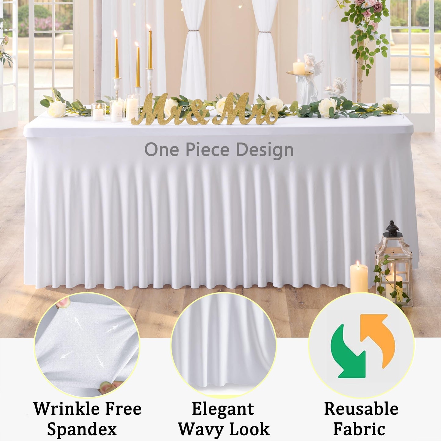 2 Pack White Spandex Table Clothes for 6 Foot Rectangle Tables, Wrinkle Free Fitted Table Cover 6ft Stretch Tablecloths Desk Skirt for Parties Weddings Birthday Banquet Baby Shower