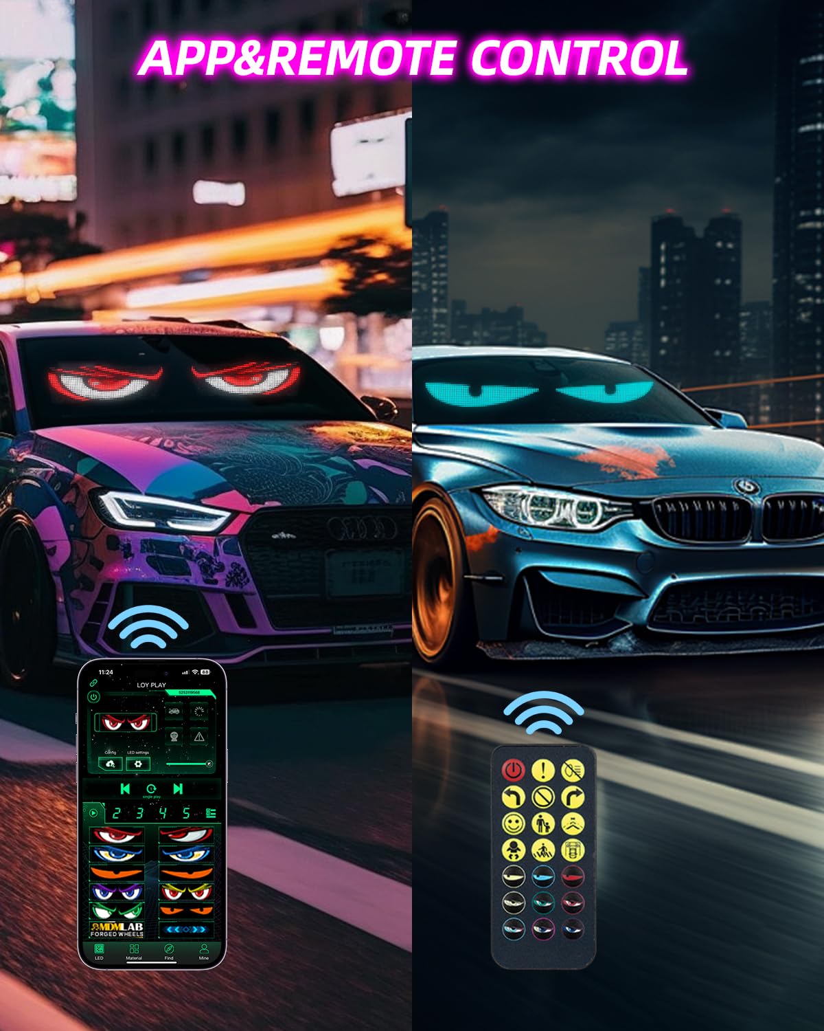 Untrxr 2pcs Devil Eyes Light for Windshield,14“*4”Programmable Flexible LED Display with Remote/App Control,Custom Animations, Patterns & Text,for Store、Cars、 Trucks