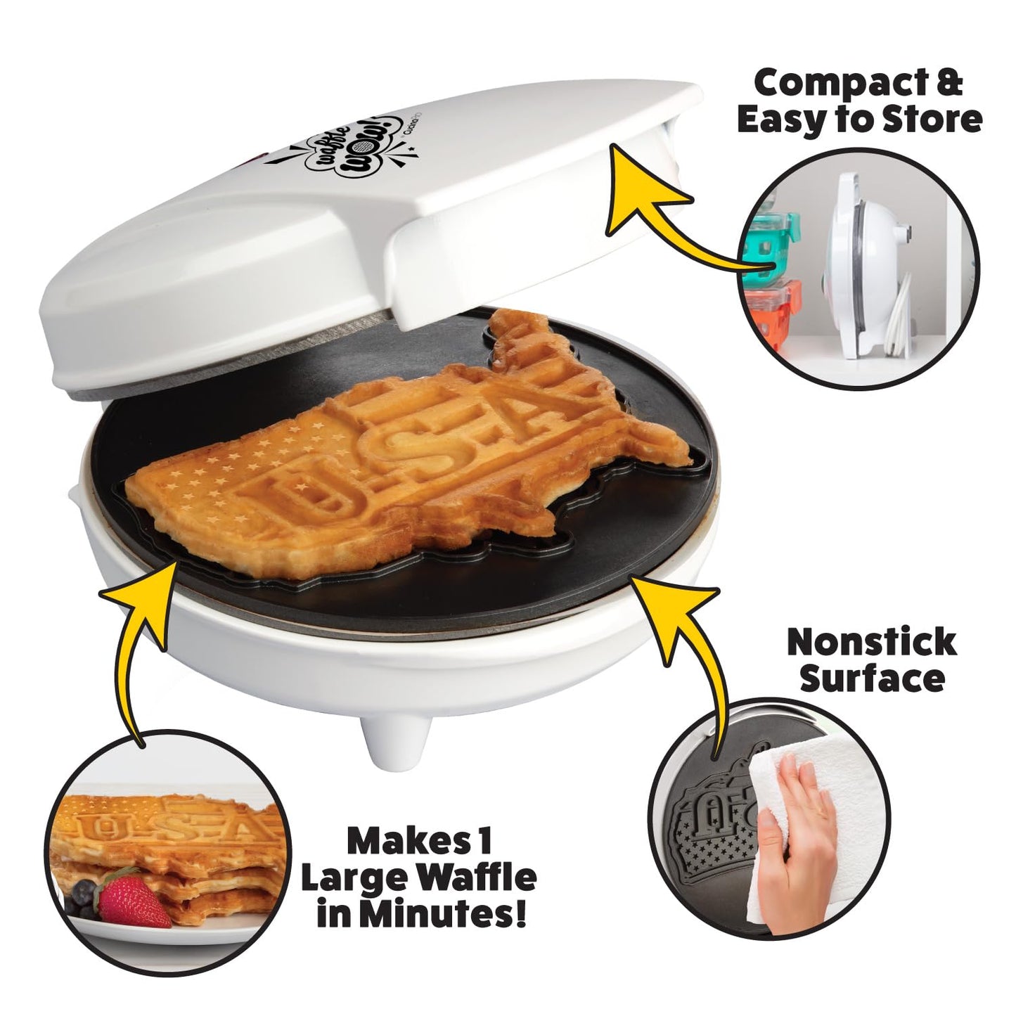 Great American USA Waffle Maker- 4th of July Must Have- Giant 7.5" Patriotic Waffles Pancakes- Electric Nonstick Waffler Iron- America Spirit Party, Summer Breakfast Baker w Recipes- Dad Novelty Gift
