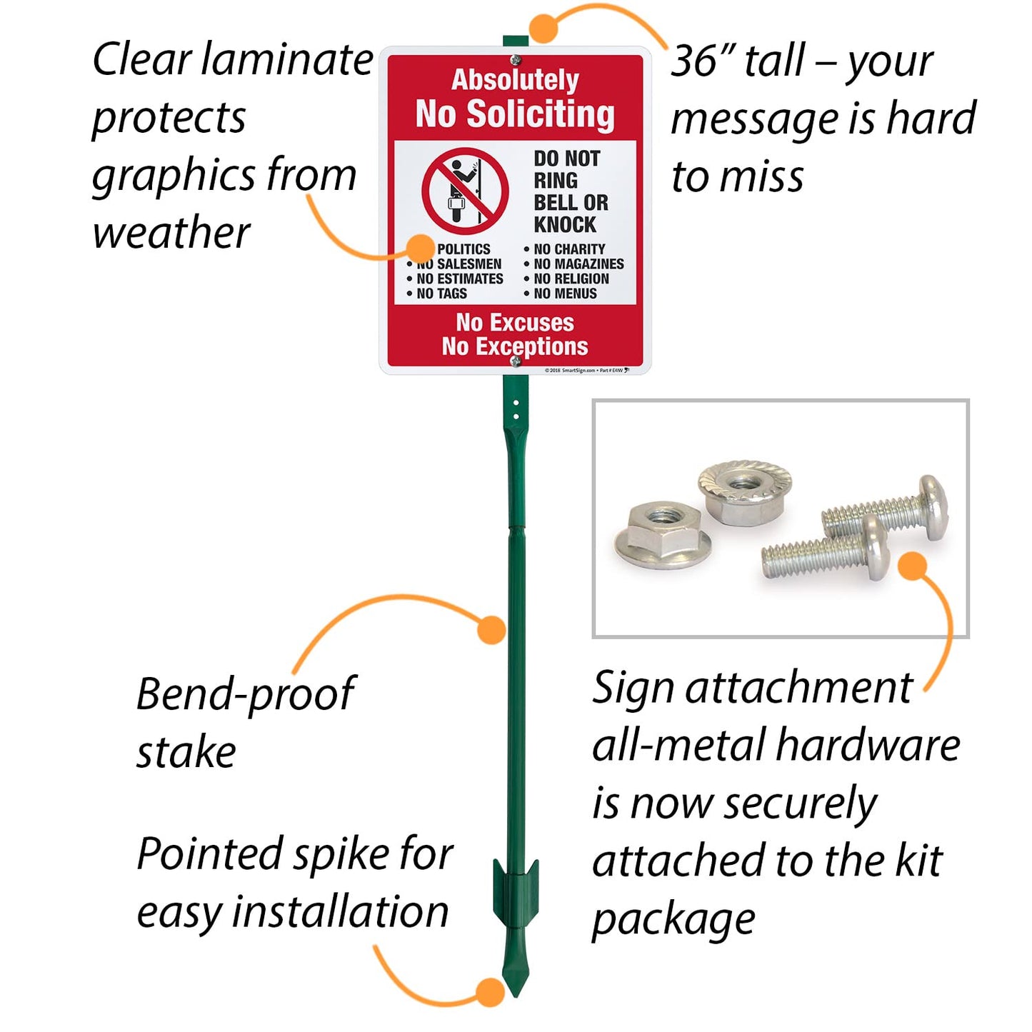 SmartSign 12" x 10" 'Absolutely No Soliciting No Excuses, No Exceptions, Do Not Ring/Knock' Yard Sign with 3 ft Stake, 40 mil Laminated Aluminum, Red, Black and White, Set of 1