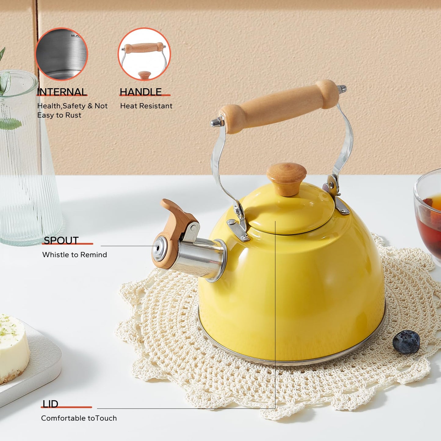 ROCKURWOK Tea Kettle, Tea Pot with Cool Touch Ergonomic Handle, Teapot Food Grade Stainless Steel, Tea Kettle Stovetop, Kettle Teapot, Whistling Tea Kettle, Small Tea Kettles, 1.6 Quart (Yellow)