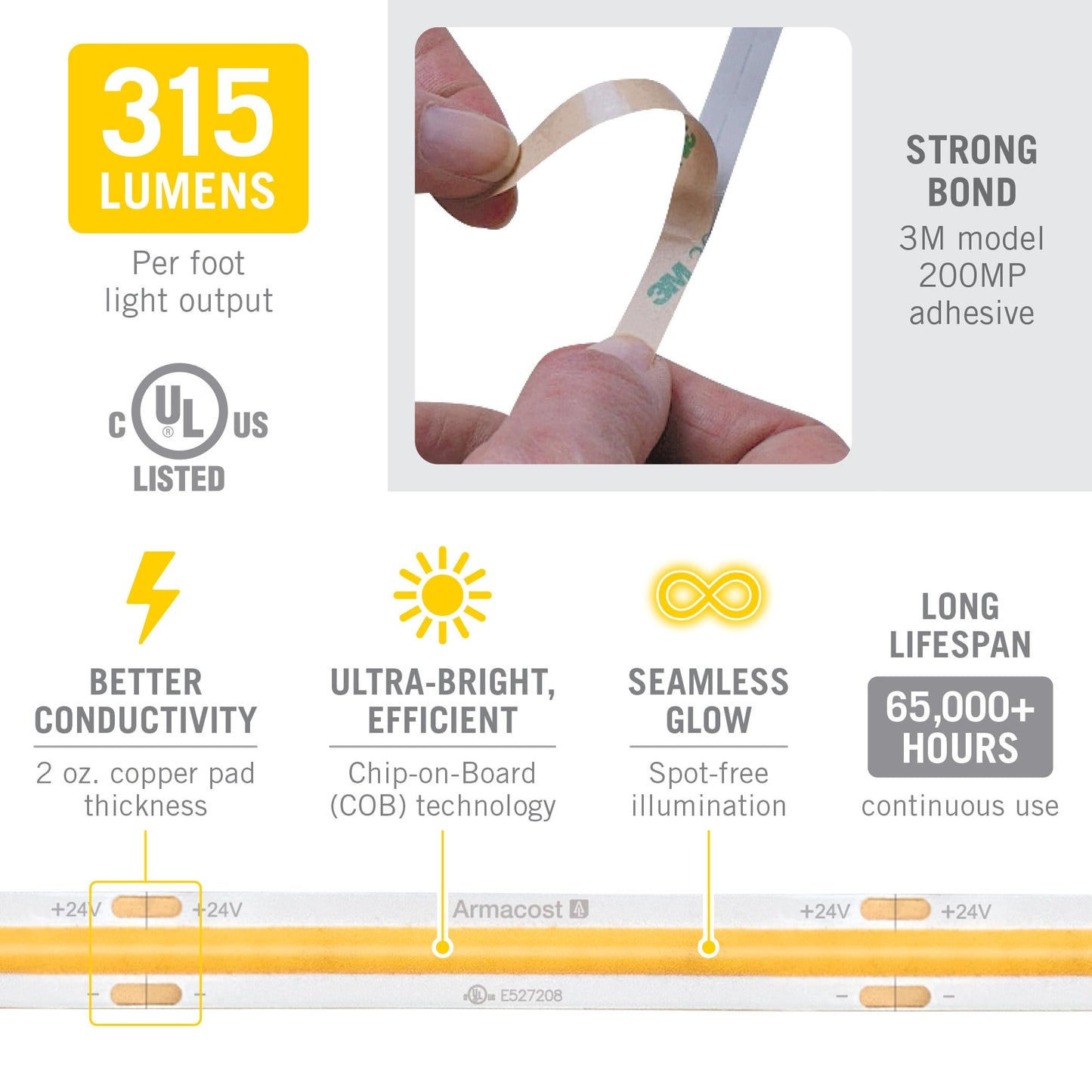 Armacost Lighting RibbonFlex Pro 24V White COB LED Strip Light Tape 3000K, 315 Lumens/Ft, 5M 172230
