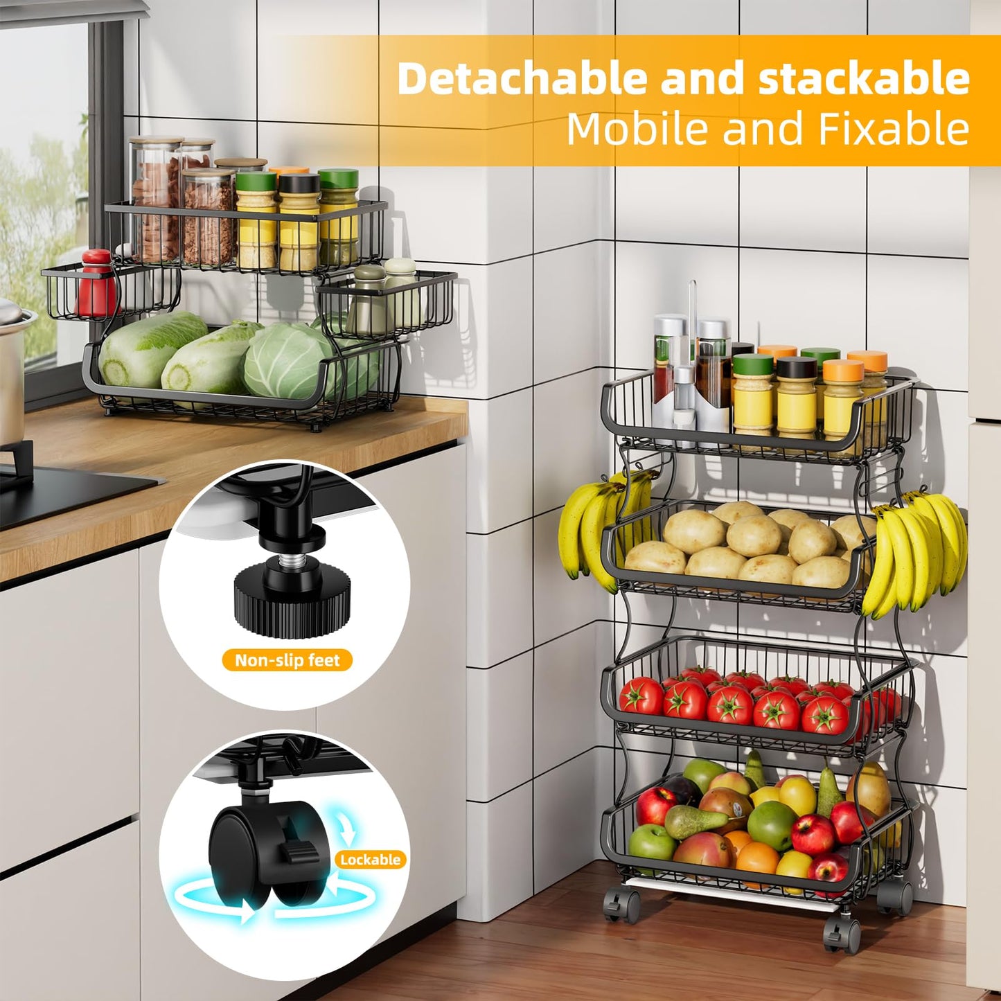 Simple Trending 6 Tier Rolling Cart, Stackable Fruit Vegetable Basket with Wheels and 2 Hanging Basket, Kitchen Storage Metal Wire Basket Stand for Vegetable Bread Snacks, Black