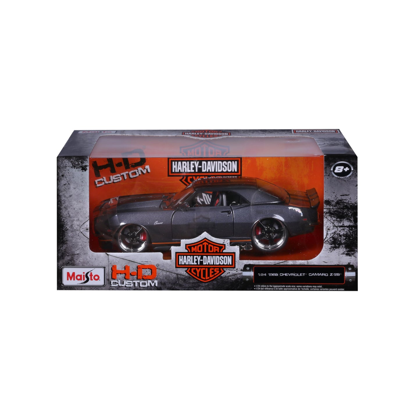 Maisto 1968 Chevrolet Camaro Z/28 Dark Gray Metallic with Black and Orange Stripes Harley Davidson H-D Custom 1/24 Diecast Model Car