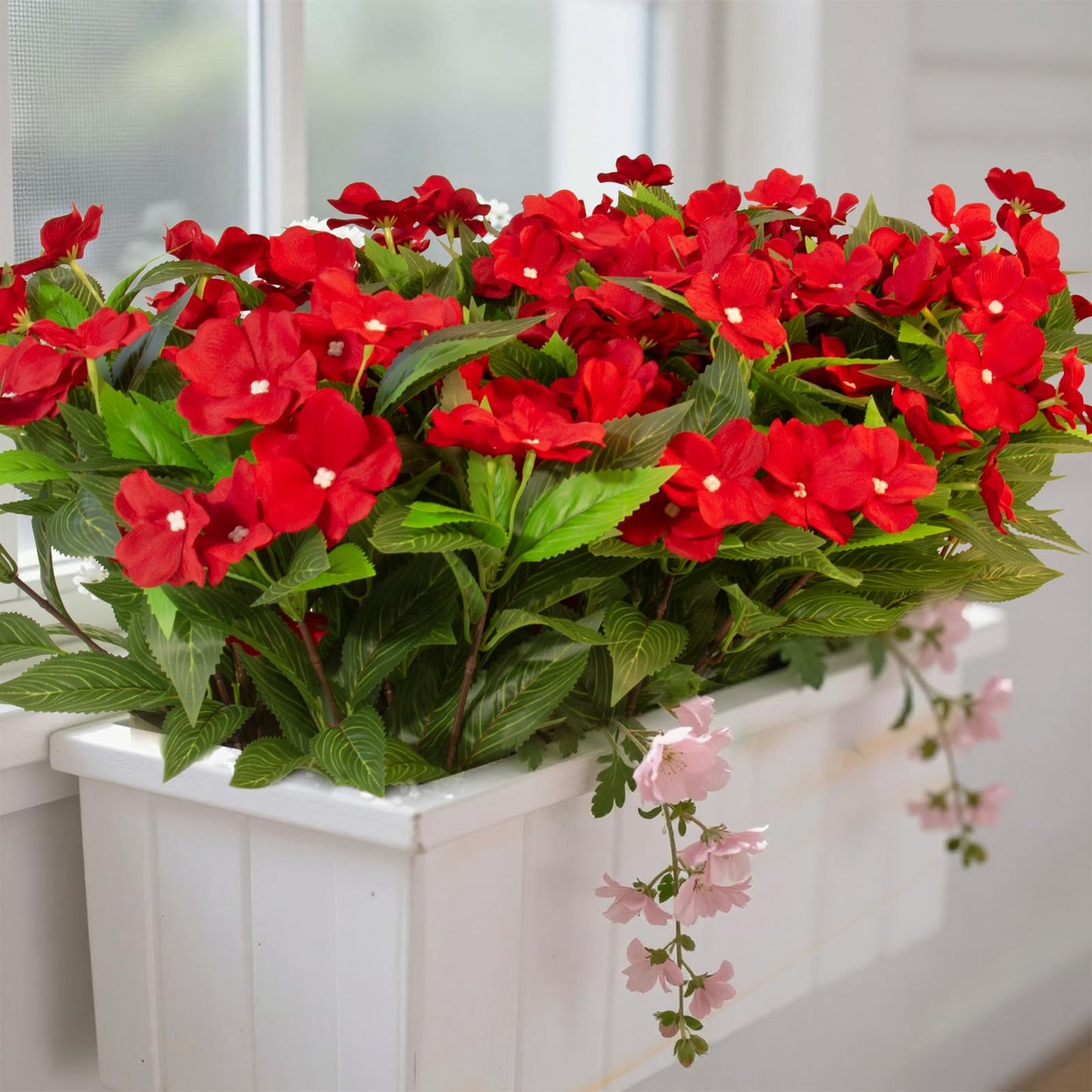 Daynight 8 Pcs Artificial Impatiens Flowers for Outdoor Flowers UV Resistant Faux Red Flowers Impatiens Bushes Silk Artificial Flowers Bouquet for Patio Garden Porch Decor. (8, Red)