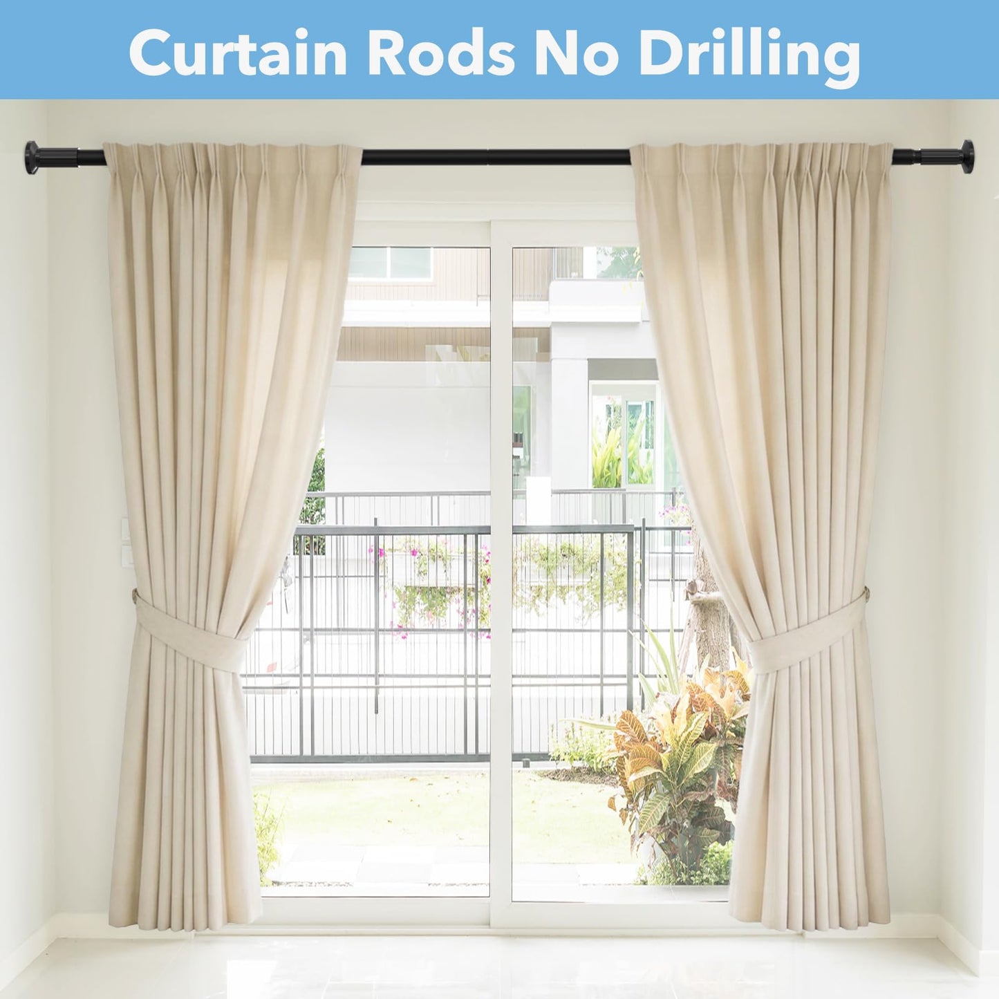 Tension Curtain Rod No Drilling 51–168In (14Ft), Outdoor Curtain Rods for Patio Windows, Extra Long Adjustable Curtain Rod,Shower Curtain Rod for Bathroom,Heavy Duty Tension Rod Renter Friendly, Black