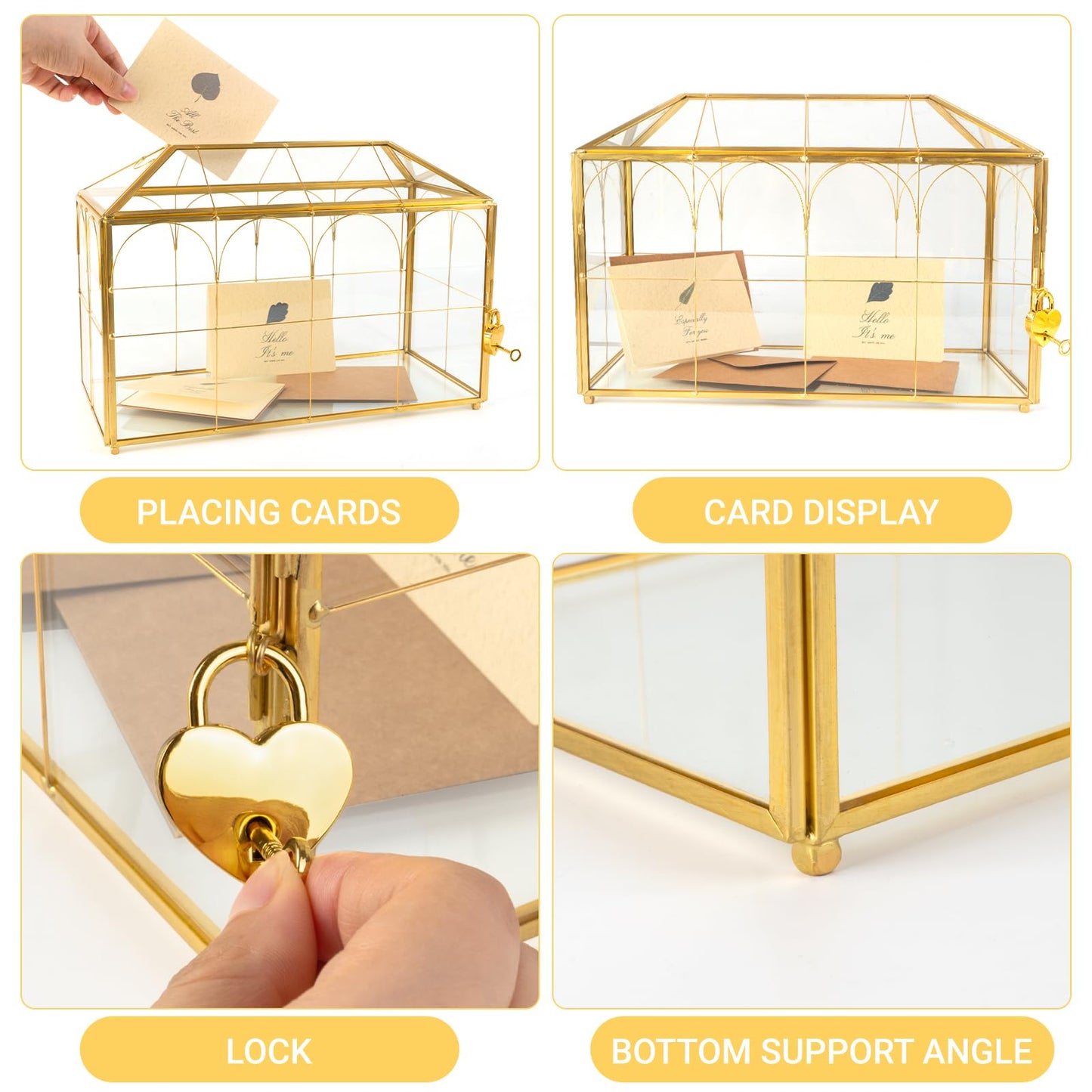 Atzciyr Wedding Glass Cards Box with Slot - 12.6 x 5.9 x 9 inch, Envelope Card for Birthday Party Reception Box, Home Tabletop Decor Clear Gold Terrarium with Lock Glass Terrarium