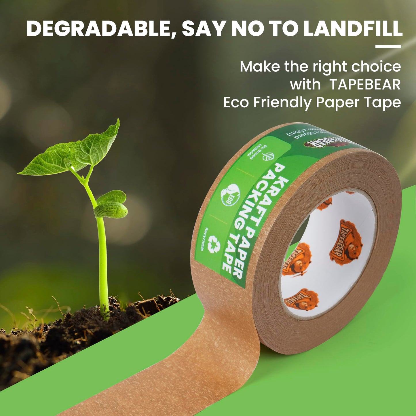 TAPEBEAR Eco-Friendly Kraft Paper Tape, Biodegradable Heavy Duty Packing Tape 2Inch x 55Yard, Recyclable Packaging Tape Self Adhesive Box Tape for Shipping, Sealing, Moving & Masking, 12Rolls