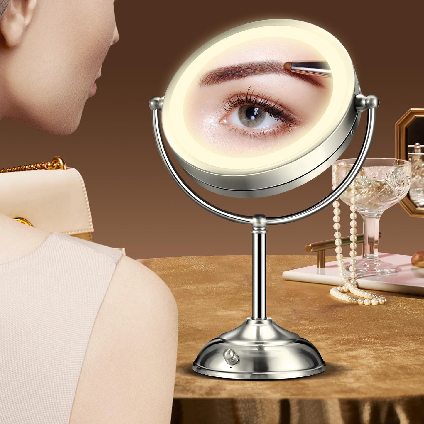 Makeup Mirror With Lights, 20X Magnifying With 3 Colors, 8.5" Vanity for Desk, Adjustable Brightness, 2-Sided Physical Buttons Tabletop (Nickel Alloy)