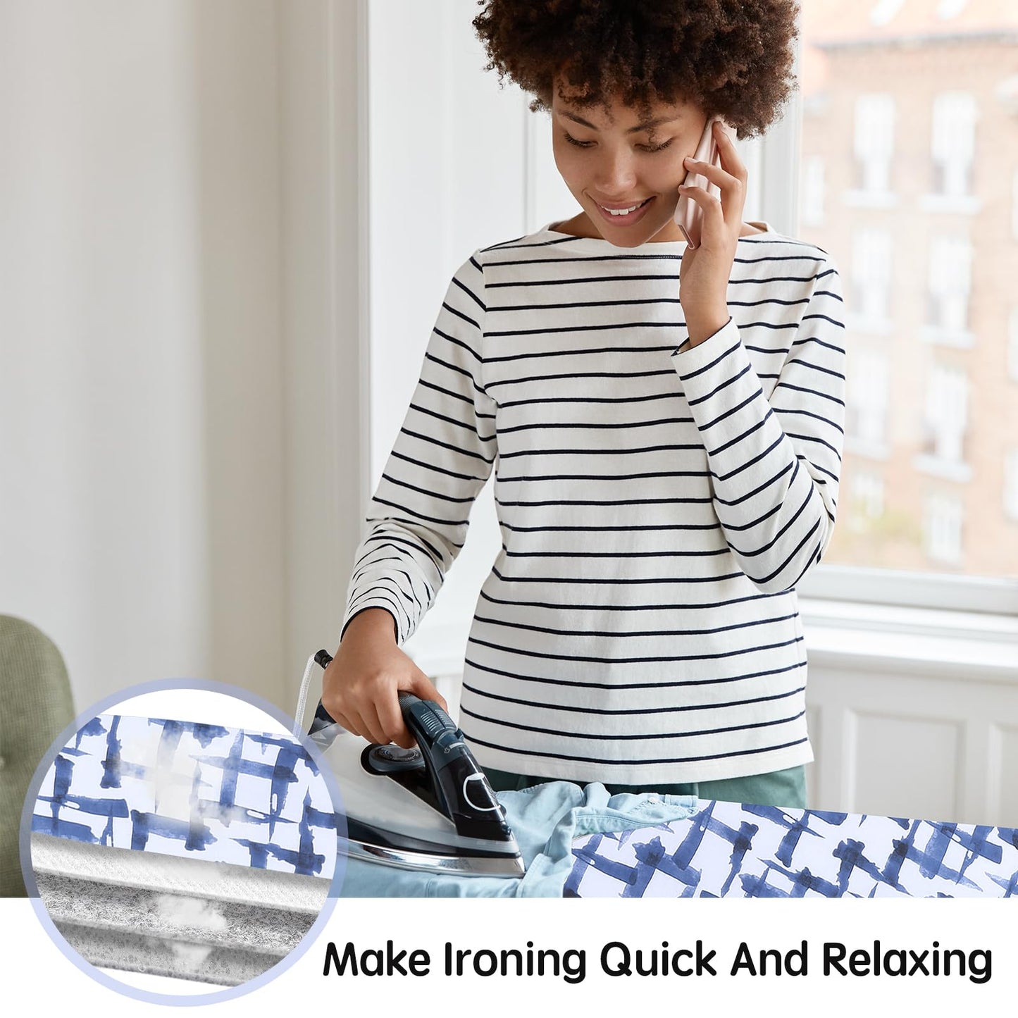 Ironing Board Cover and pad - 15 x 54 Thick Padding 4 Layers with 2" Elastic, Stain Resistant & Durable Scorch, 2 Buckles for Easy Installation in Laundry Room, Blue Brushstrokes (NO Board)