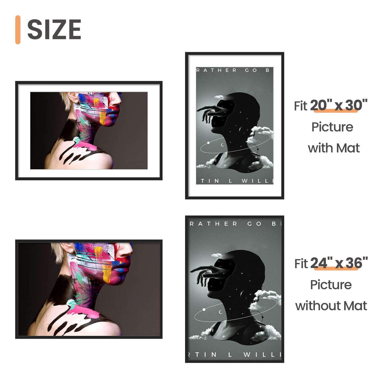 upsimples 24x36 Poster Frame, Display Pictures 20x30 with Mat or 24 x 36 Without, Wall Hanging Picture Frames, Black, 1 Pack