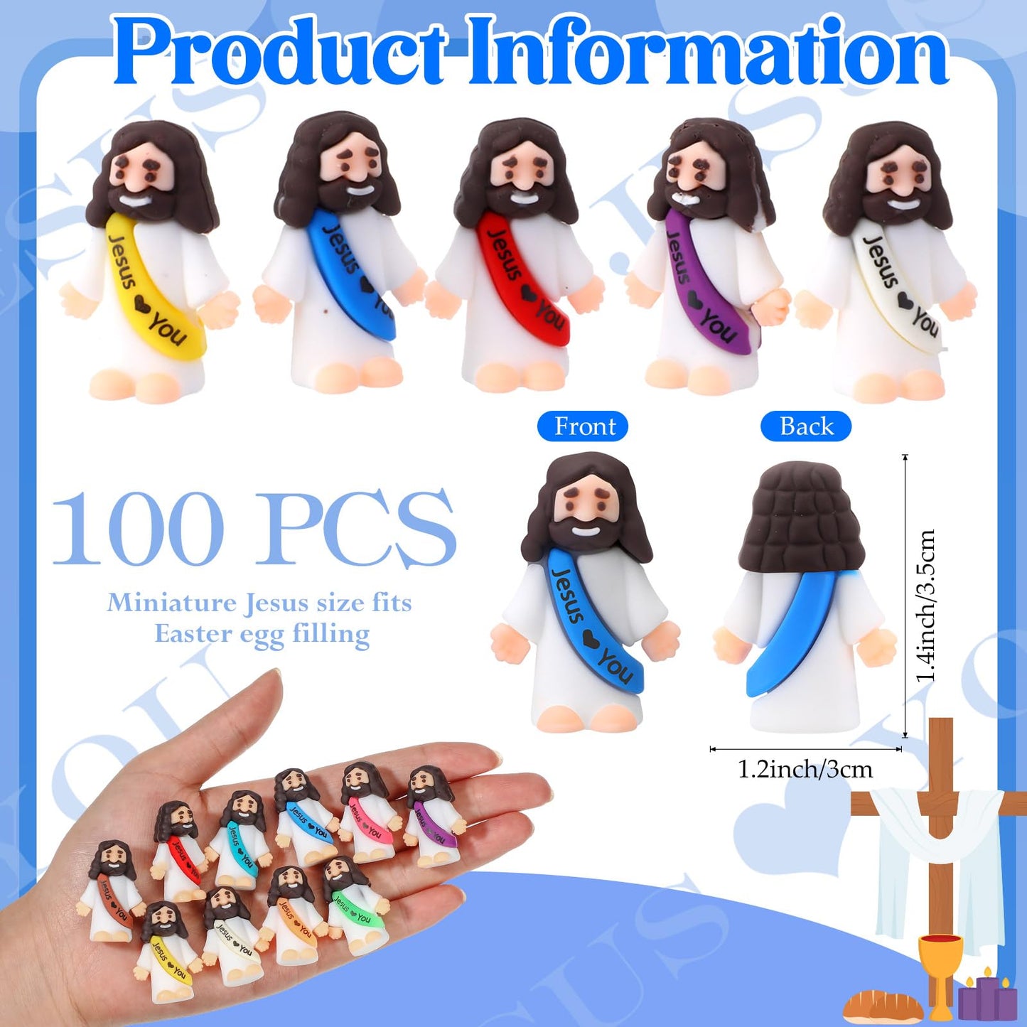 Bememo 100 Pcs Little Jesus Figures Jesus Loves You Original Design Pocket Rubber Little Figures to Hide and Seek Sunday Religious Party Share Easter Gifts(Vibrant Color)