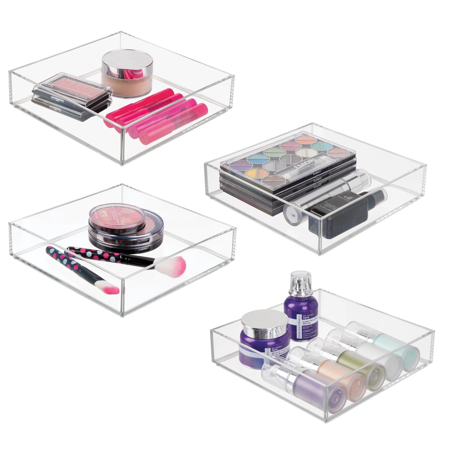 iDesign Stackable Makeup Drawer Organizer Tray - Vanity Organizer or Desk Organizer, Set of 4, Clear