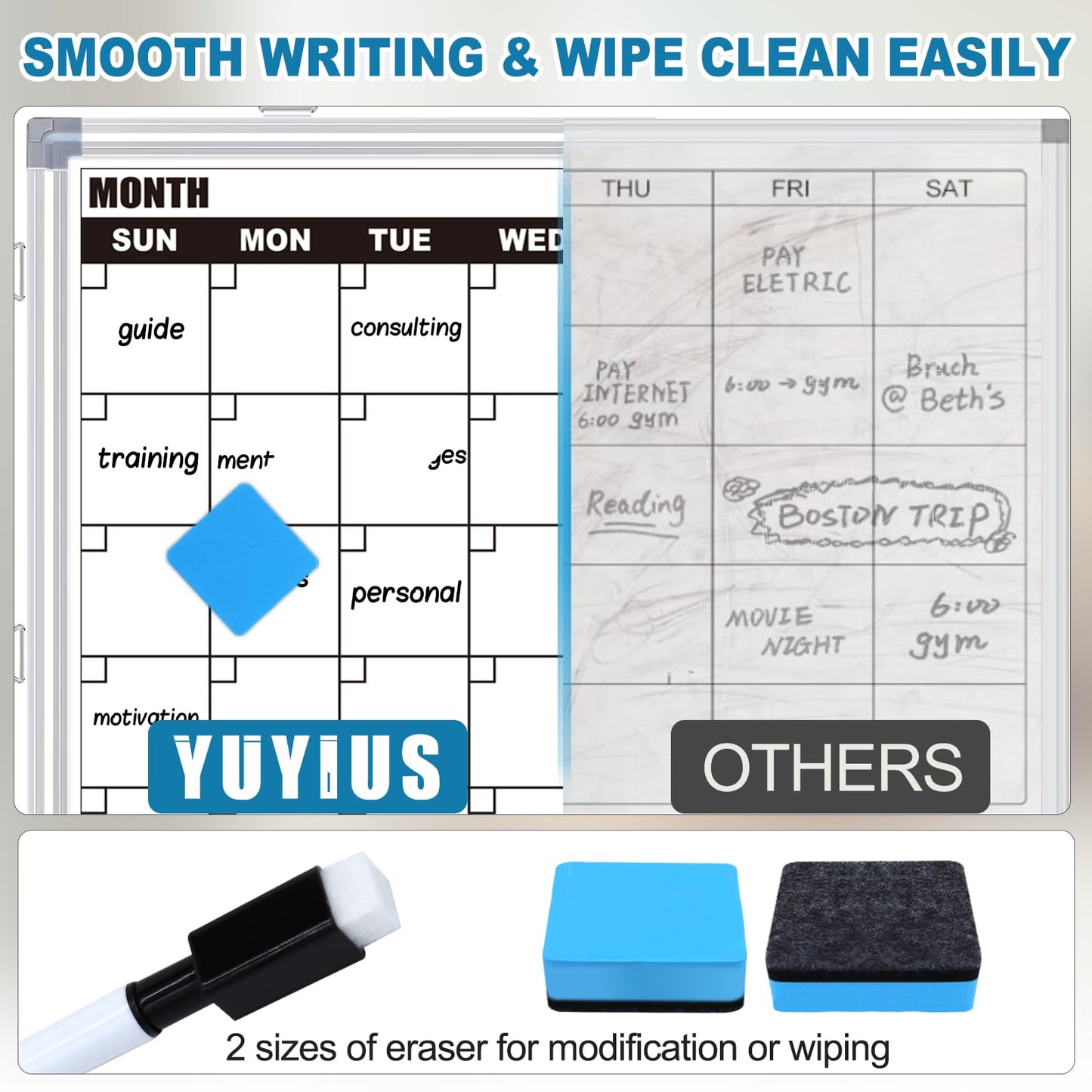 YUYIUS Calendar Whiteboard for Wall, 24" x 18" Double Sided Monthly Dry Erase Board Calendar for Office, Home, School, Hanging Cork Board White Board Combo, Portable Magnetic Dry Erase Planner Board