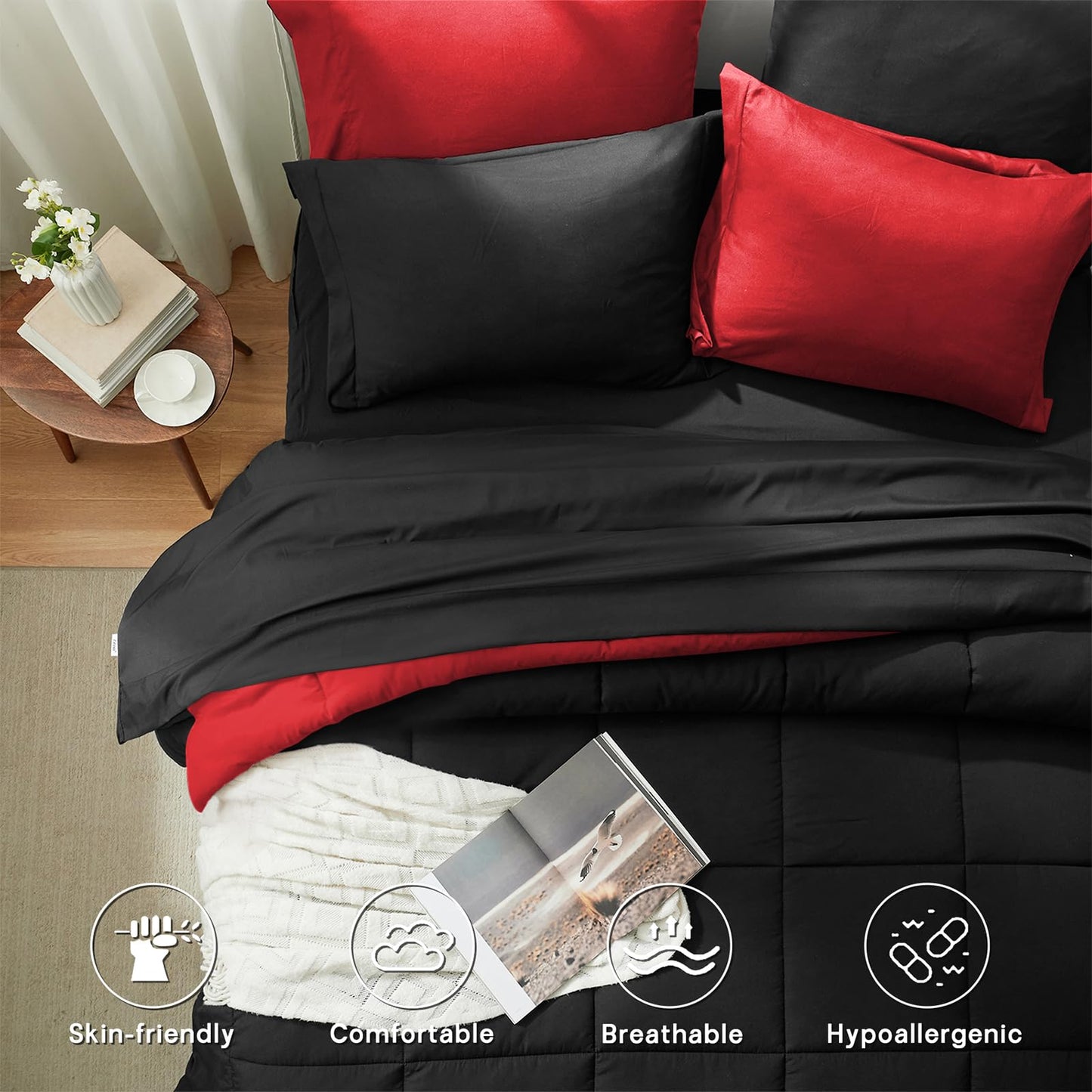 Anluoer Queen Comforter Set 7 Piece, Reversible Bed in a Bag Queen Size, Soft Bedding Set with Comforter(88"X88"), 2 Pillow Shams, 2 Pillowcases, 1 Flat Sheet, 1 Fitted Sheet, Red & Black