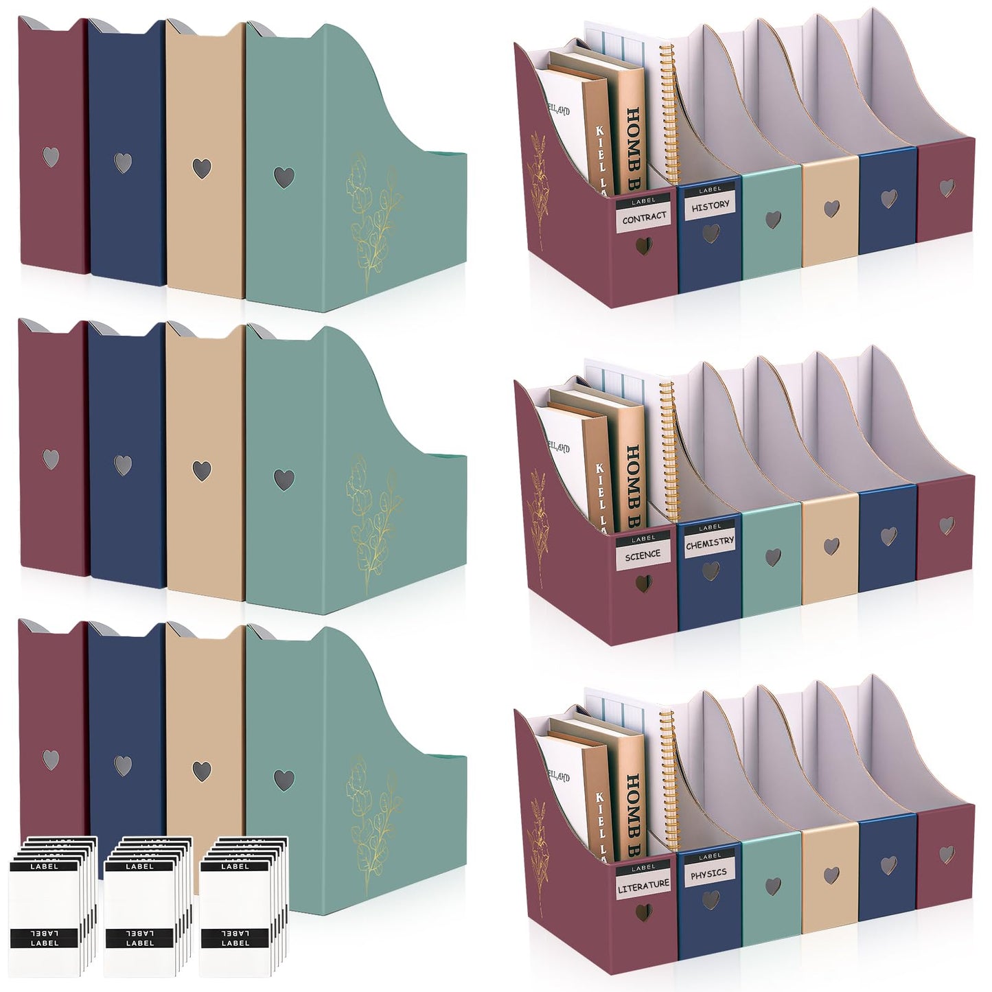 libfrnt 24 Floral Cardboard Magazine Holders Set, File Folders Organizer Decorative 10.23x10.63 Inch with 48 Printable Labels Storage Boxes for Home Office School Desk Classroom