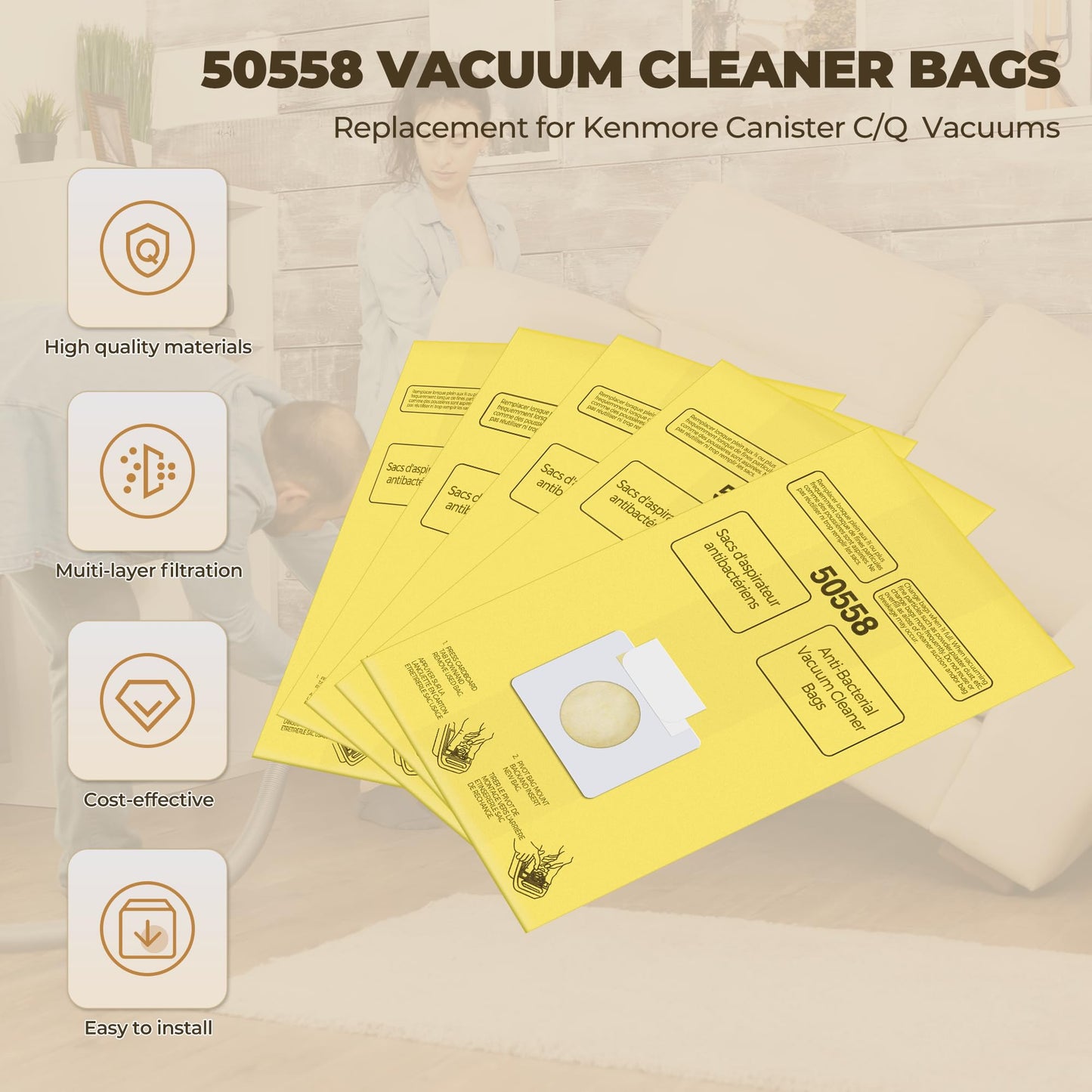 Vacuum Bags Replacement for Kenmore Canister C/Q 50555 50557 50558 and Pana·sonic Type C-5 Vacuums - Premium Vacuum Cleaner Dust Bag, 45 Pack