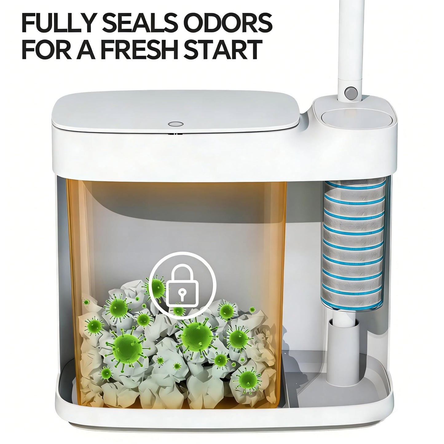 POPMOP White Plastic Mini Trash Can, Toilet Cleaner Stick, Toilet Brush Holder, 36 Refills, 2-Gallon Trash Can with Pop-Out Lid, Suitable for Bathrooms and Small Toilets.