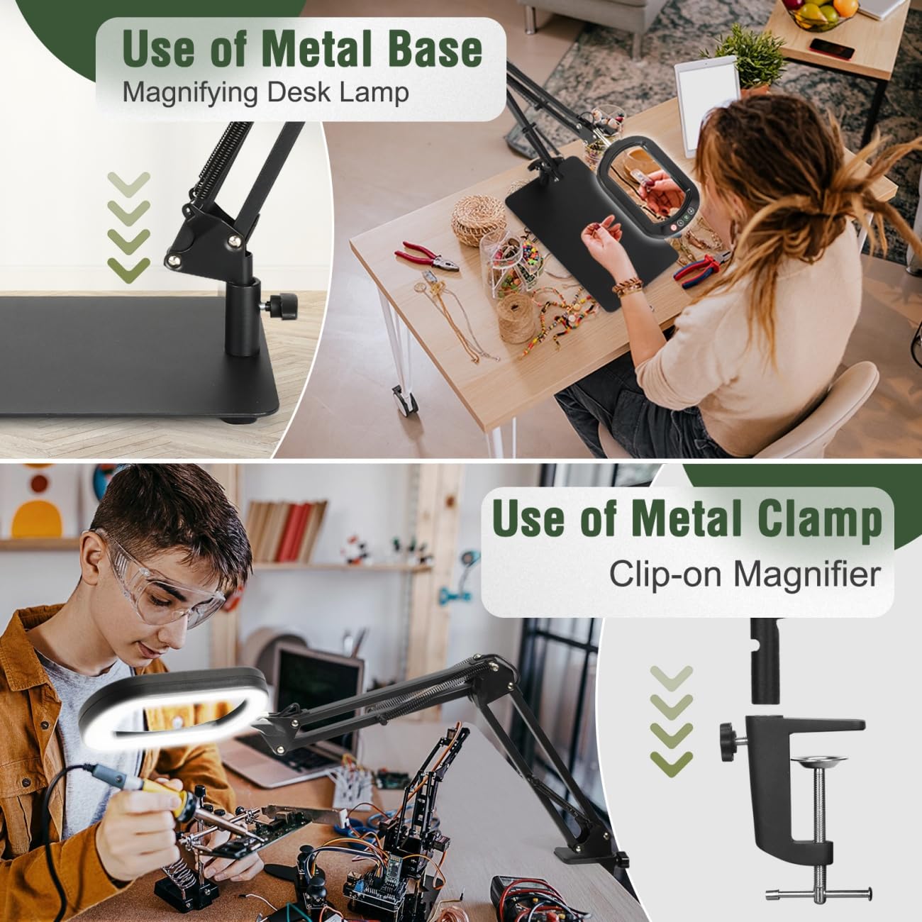 Veemagni 12X Rectangle Magnifying Glass with Light and Stand, 5 Color Modes Stepless Dimmable, 2-in-1 LED Lighted Desk Lamp & Clamp, Hands Free Magnifier for Reading Crafts Repair Painting Close Work