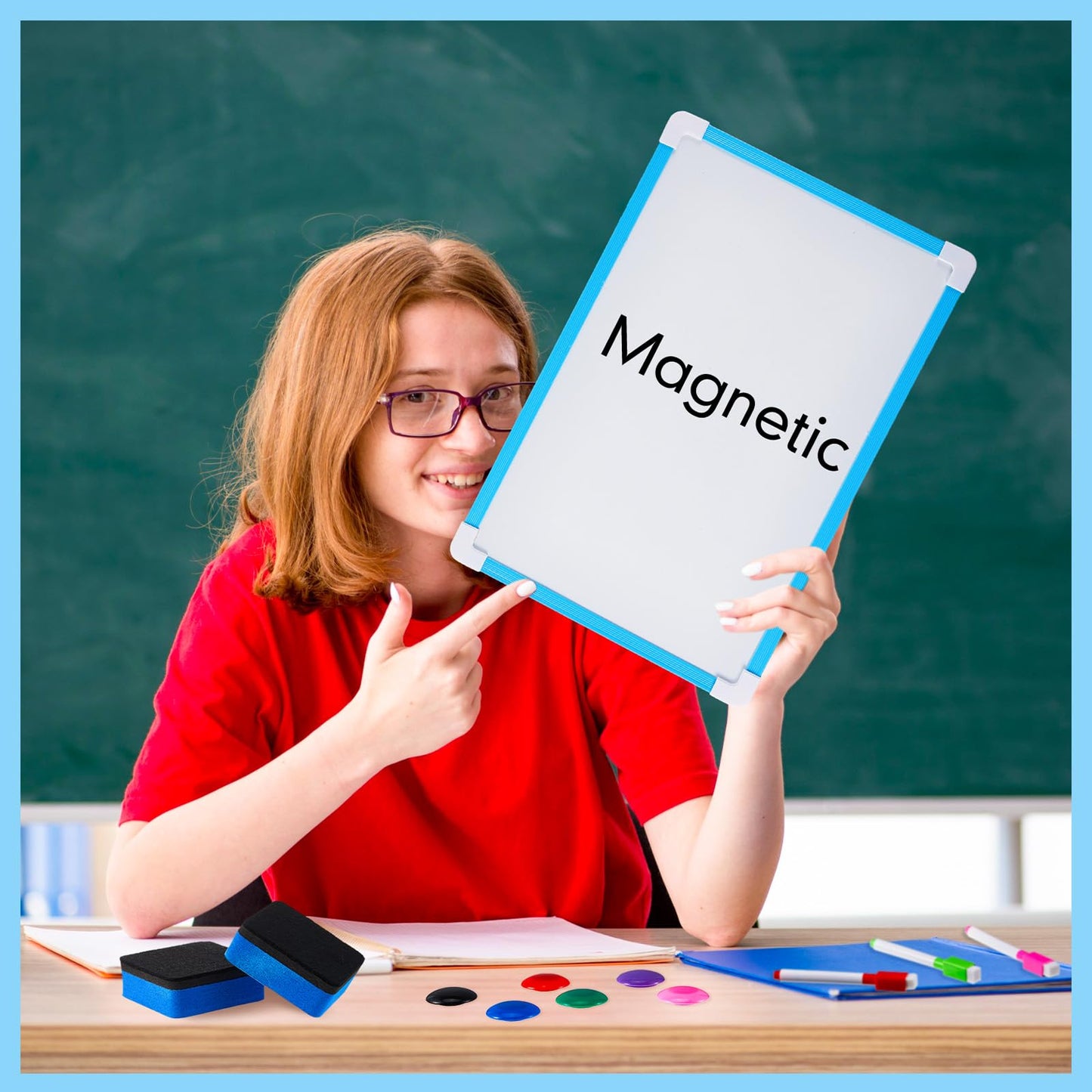 Colarr 24 Pack Hanging Magnetic Dry Erase Board 8'' x 12'' Small Double Sided White Board for Students Teachers Mini Whiteboard Bulk School Supplies Including Markers Magnetic Buttons and Blue Erasers