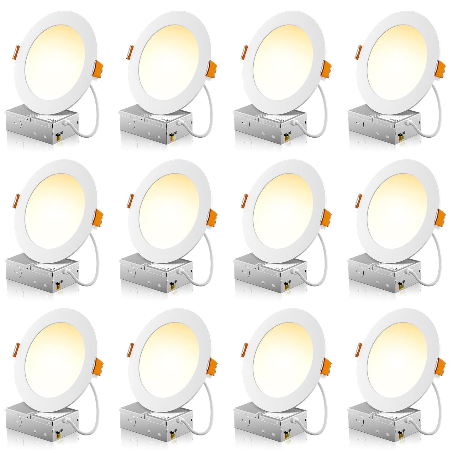 12 Pack 6 Inch 5CCT Ultra-Thin LED Recessed Ceiling Light with Junction Box, 2700K/3000K/3500K/4000K/5000K Selectable, 1050LM Brightness, Dimmable Canless Wafer Downlight, 12WEqv110W, ETL&FCC