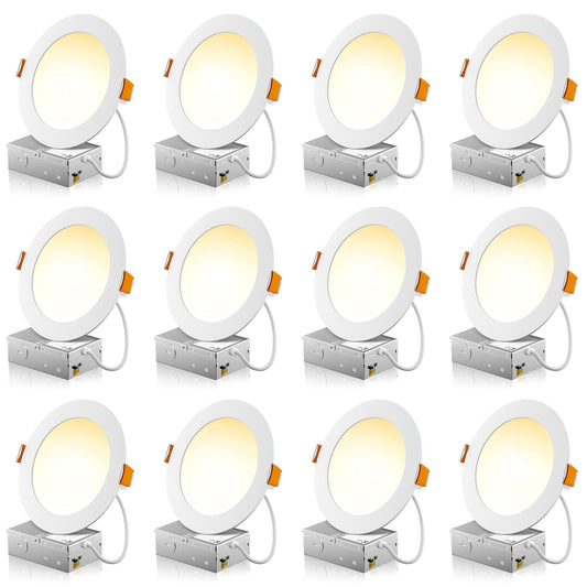 12 Pack 6 Inch 5CCT Ultra-Thin LED Recessed Ceiling Light with Junction Box, 2700K/3000K/3500K/4000K/5000K Selectable, 1050LM Brightness, Dimmable Canless Wafer Downlight, 12WEqv110W, ETL&FCC