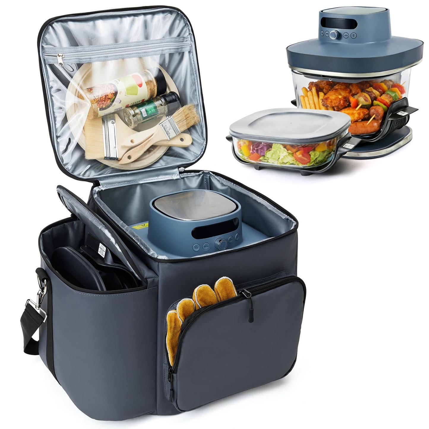 Padded Carrying Case for Ninja Crispi Pro Air Fryer 6QT & 2.5QT Glass Containers, Carry Bag with 5mm Thick Insulation, Multiple Compartments for Accessories Storage and Travel, Gray (Bag Only)