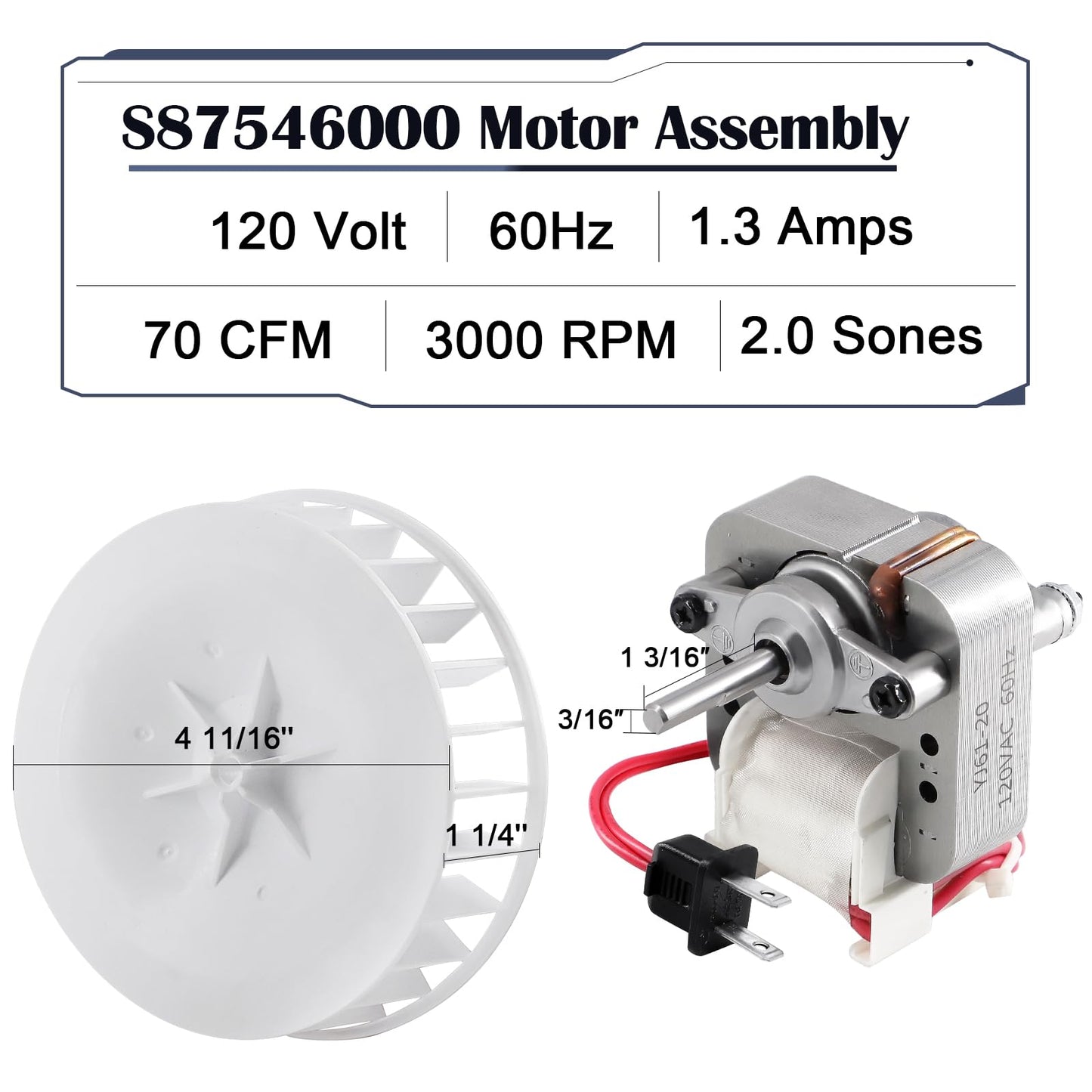 Hiorucet 87546000 B-Unit Motor Assembly for Broan Nutone 769RFT B Unit, 769RF, V769RF Ventilation Fans, S87546000 Bathroom Exhaust Fan Motor Replacement Kit for Broan Nutone Model, 70 CFM, 120 Volt.
