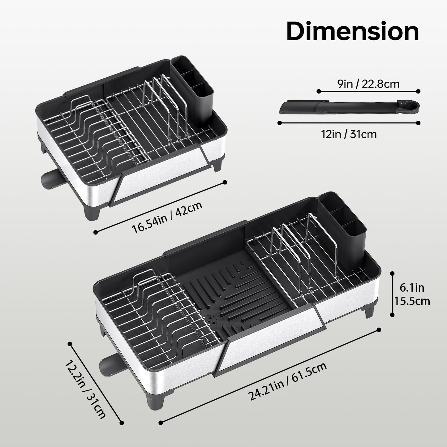 Urackify Large Dish Drying Rack - Triple Expandable Dish Rack for Kitchen Counter, Stainless Steel Sink Organization and Storage Essentials with Utensil & Pans Holder for Home and Appartment, Black
