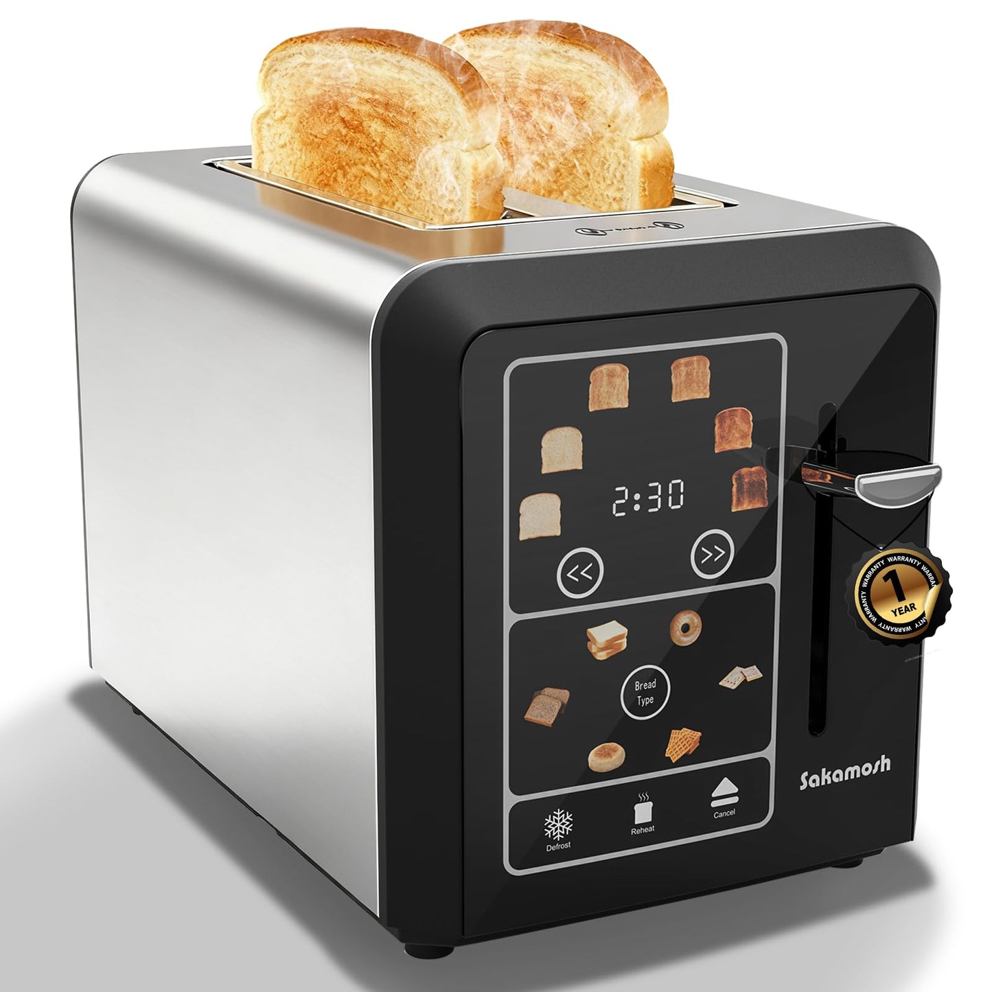 SAKAMOSH 2 Slice Touch Screen Toaster 1.3" Wide Slots for Bagels, Smart Digital Display Toaster with 6 Browning Levels & 6 Bread Types, Memory, Defrost, Reheat, Stainless Steel, 800W