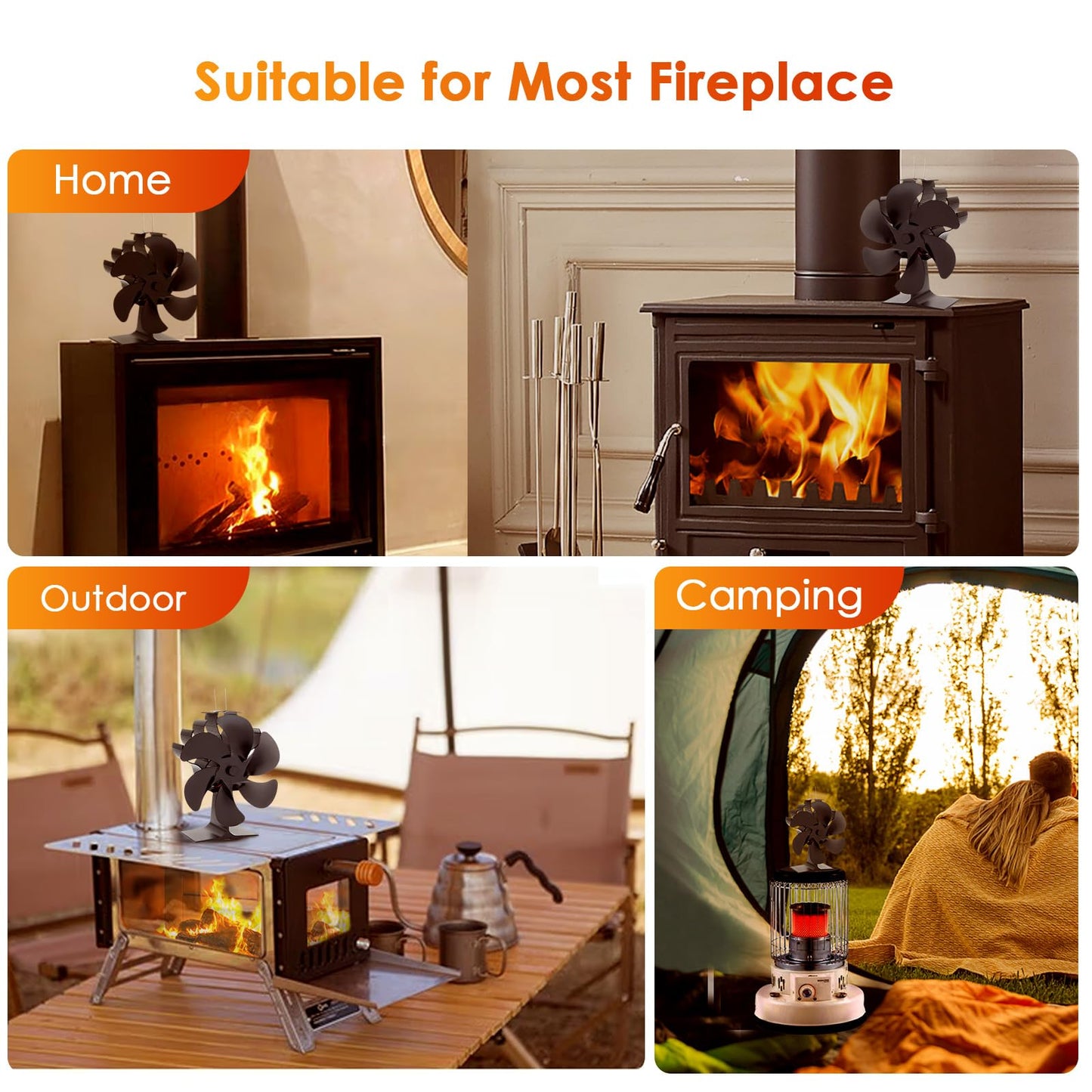 JossaColar Wood Stove Fan Heat Powered Fireplace Fan Non Electric, Thermal Fan for Wood Burning Stove/Log Burner, w/Stove Accessories Thermometer