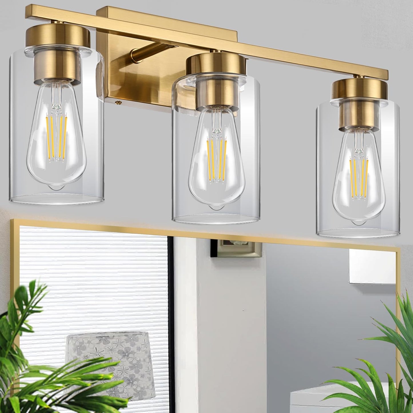 A1A9 3-Light Bathroom Vanity Light, Modern Brushed Gold Wall Lights with Clear Glass Shades, Bathroom Wall Sconce Lamp for Mirror Living Room Bedroom Hallway