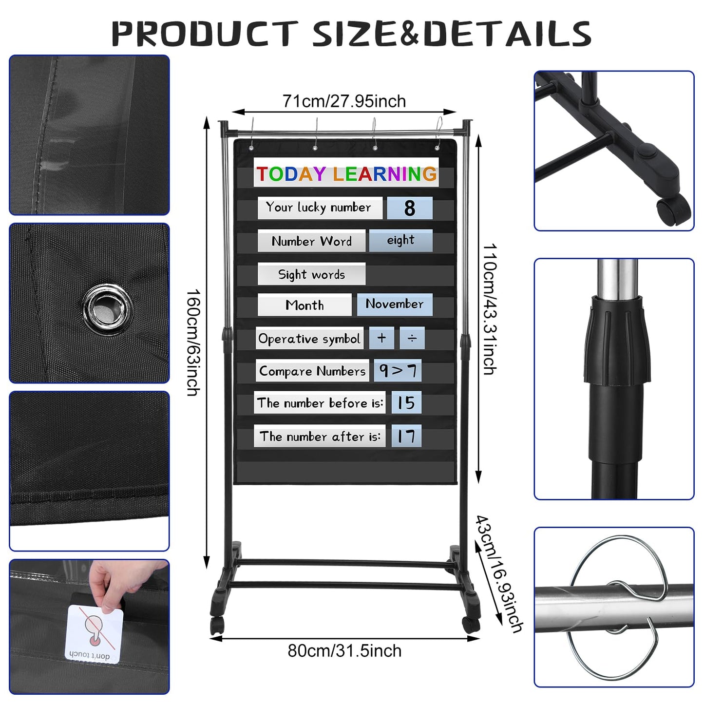 Dinifee 8 Pcs Adjustable Pocket Chart Stand Set Include 1 Standard Pocket Chart 6 Replacement Rings and 1 Adjustable Stand for Classrooms Home Teacher Lessons Educational Tools(Black)