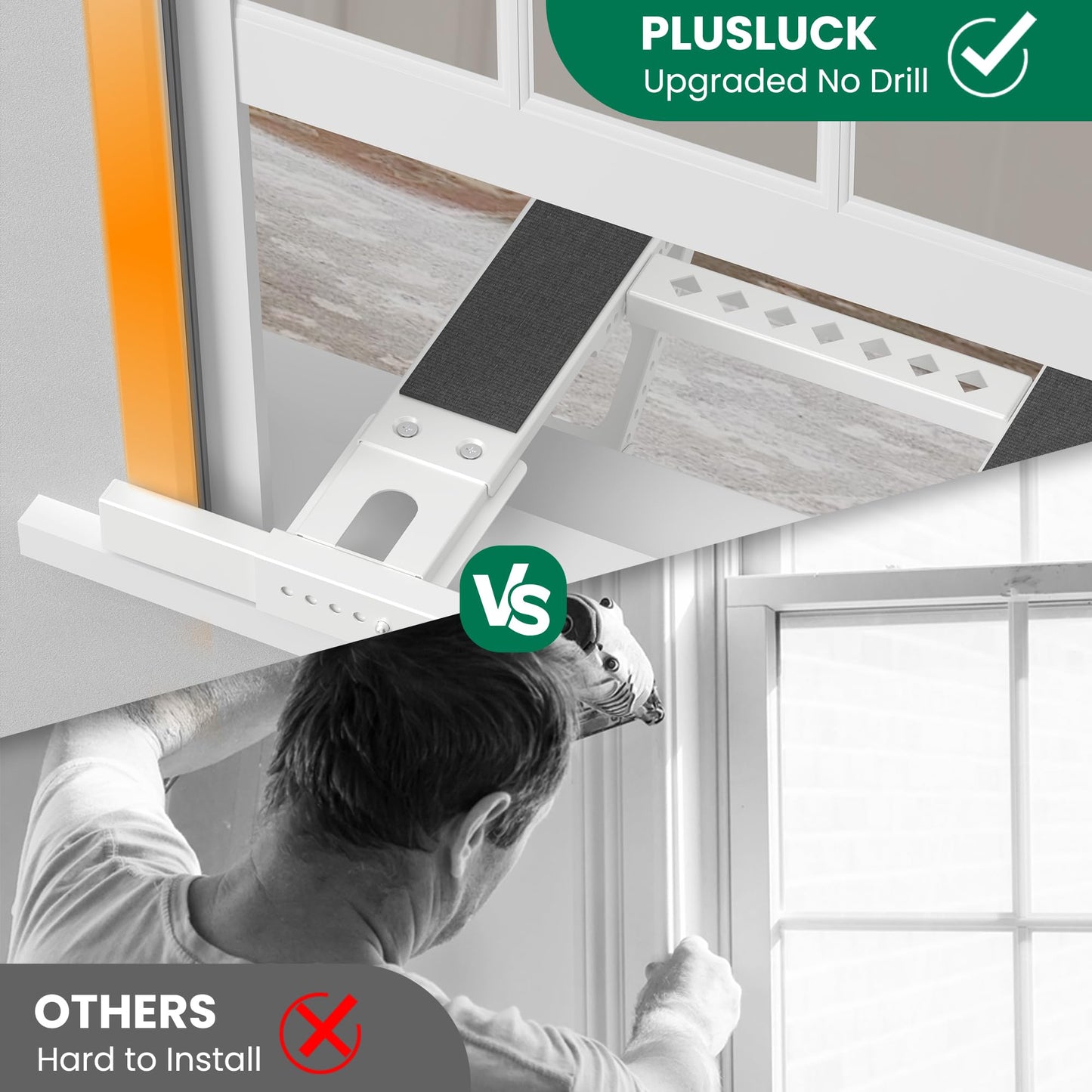 Plusluck Air Conditioner Bracket No Drill: Heavy Duty Holder with Bubble Level for 350lbs AC Units, Adjustable Width, No Tools Needed, Fits Single & Double Hung Windows, 5000-24000 BTU Coverage