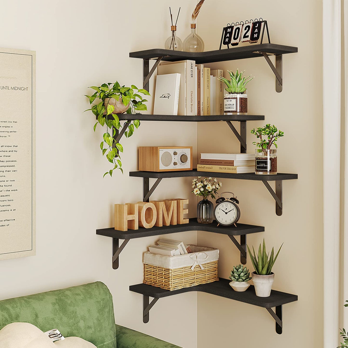 Fixwal Corner Shelves Wall Mounted Set of 5, Floating Shelves for Wall Bathroom, Kitchen, Bedroom, Home Decor, Laundry Room, Living Room (Black)