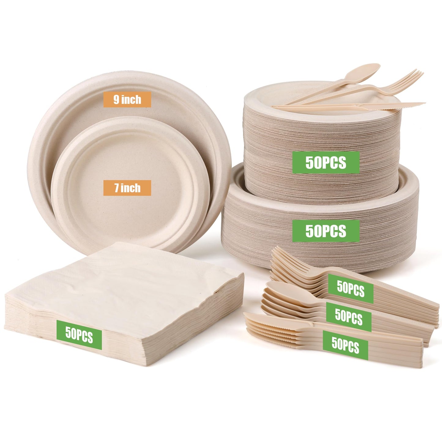 BSDPREF 300 Pack Paper Plates Set Party Supplies Severs 50 Guests Disposable Party Plates Sugarcane Forks Knives Spoons Heavy-Duty Paper Plate Bagasse Natural Compostable Eco-Friendly Birthday Wedding