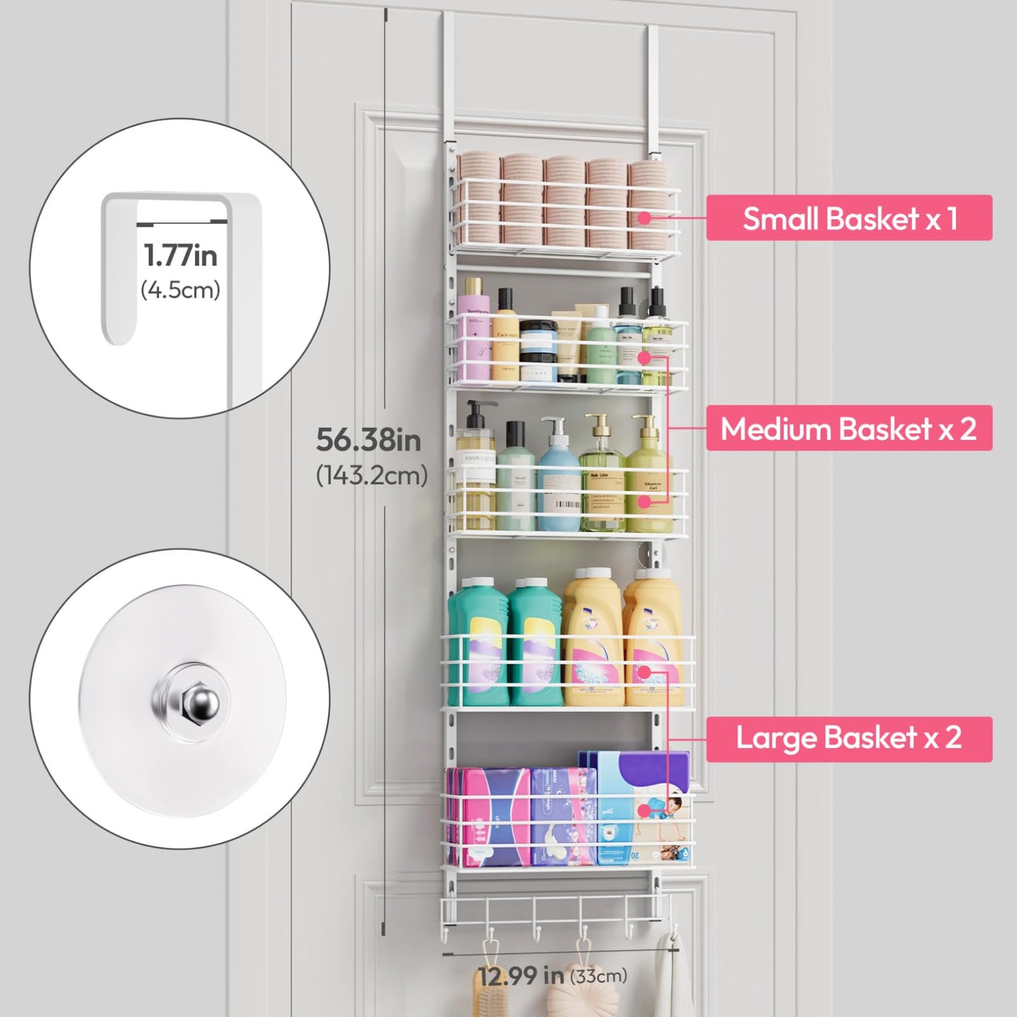 SWTYMIKI Over The Door Organizer - Door Organizer Hanging with 5 Adjustable Metal Large Capacity Basket and 6 Coat Hook, Wall Mounted Shelves for Bedroom Closet Bathroom Laundry Pantry Kitchen