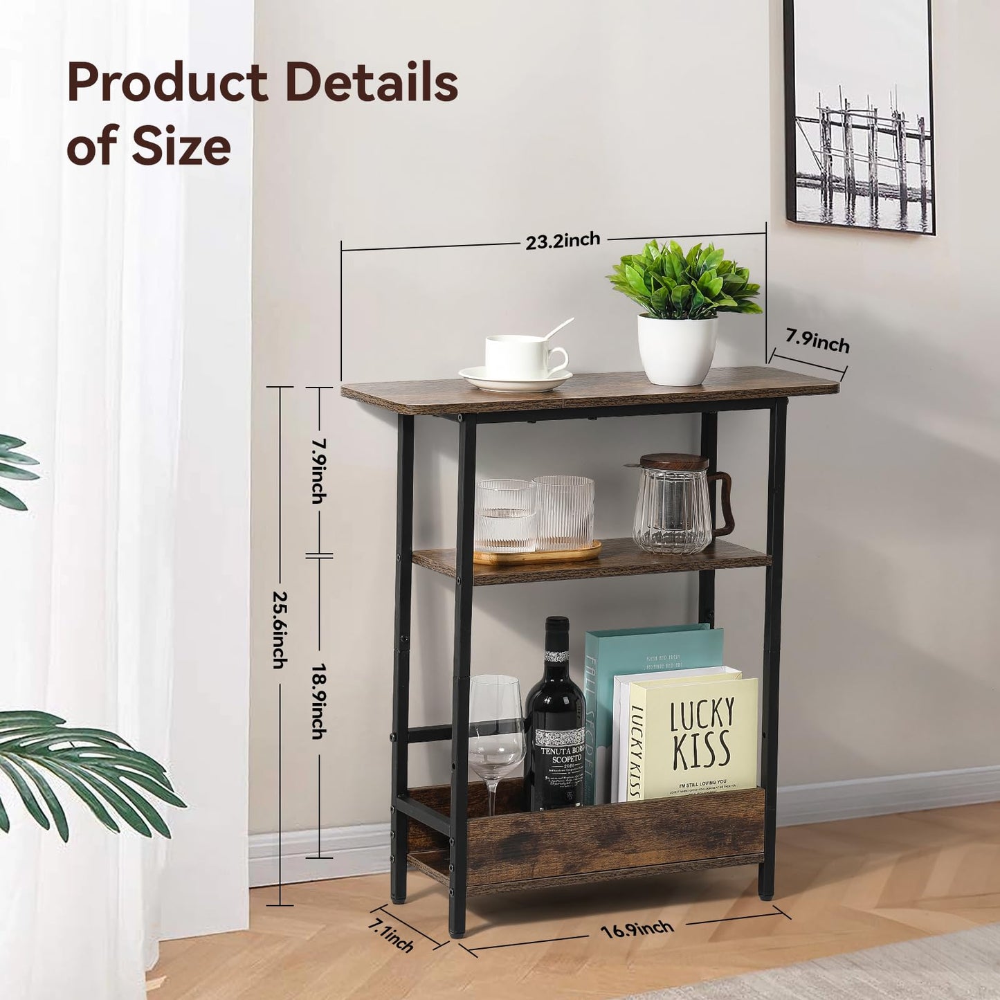 Tedheve Narrow Side Table for Small Spaces, 3-Tier Small End Table with Storage Shelf and Magazine Holder, Slim and Skinny Nightstand for Bedroom, Living Room Sofa Table for Space Saving, Brown