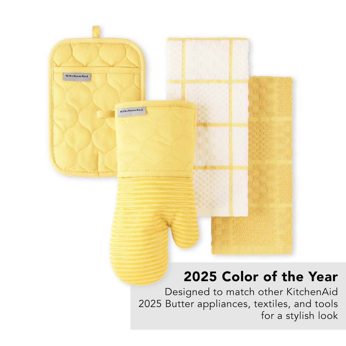 KITCHENAID Quilted Cotton Terry Cloth Oven Mitt, Pot Holder, Kitchen Towel 4-Pack Set, Heat Resistant, Silicone Grip, 16"x26", 7"x13" & 7"x10", Butter Yellow