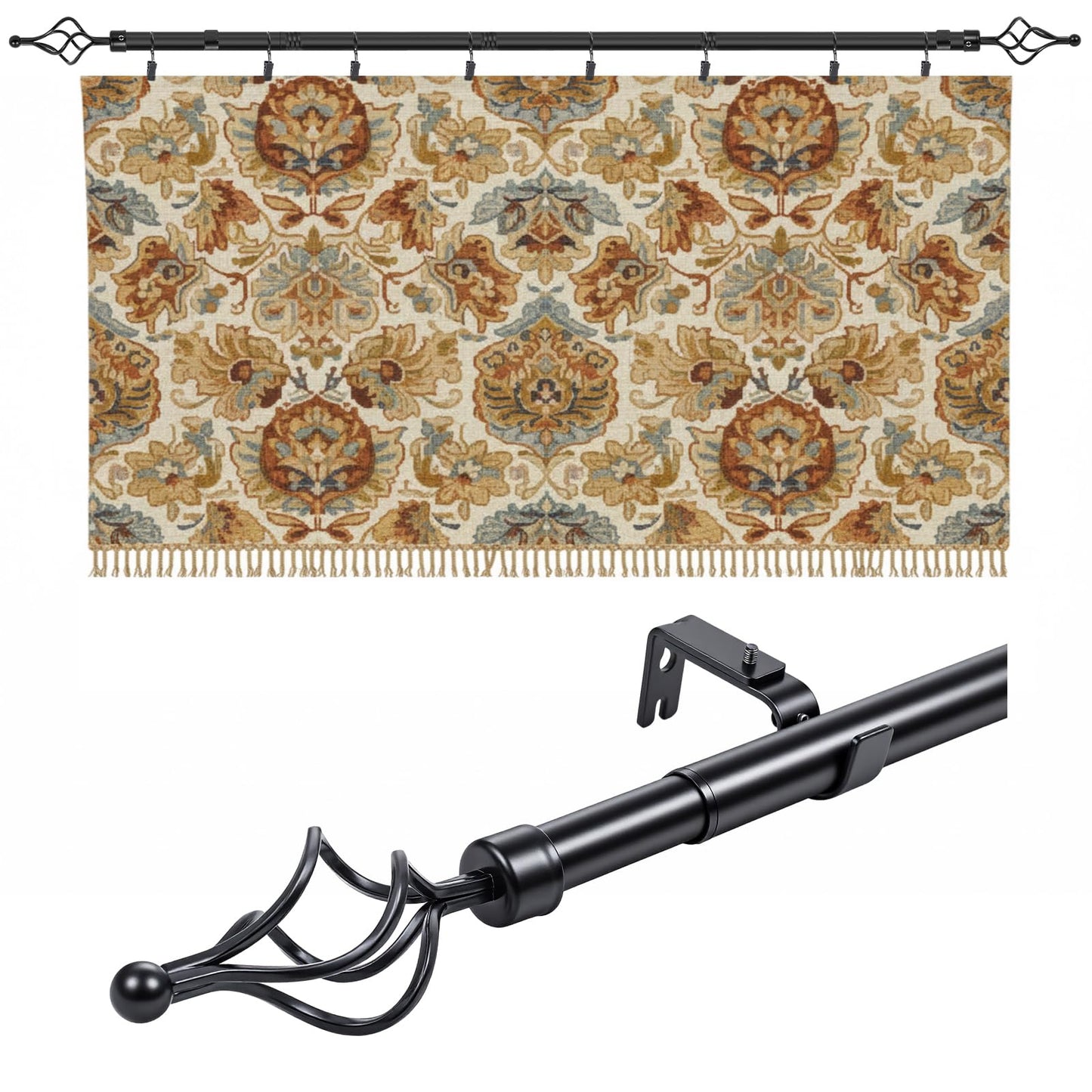 Marsui Tapestry Hanger Telescopic Rod Quilt Hanger for Display Adjustable 32" to 79" Wall Hanging Bar Mounted Quilt Rack Spiral Cap with Clips Iron Rustic Farmhouse Style Bedroom Living Areas (Black)