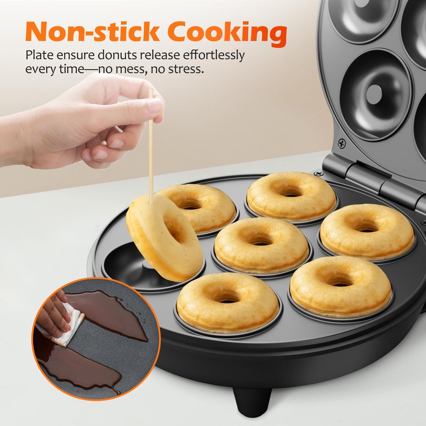 KEINVE Mini Donut Waffle Cake Maker, 7 Slots Home Baking Machine, Great for Breakfast, Snacks, Desserts and More