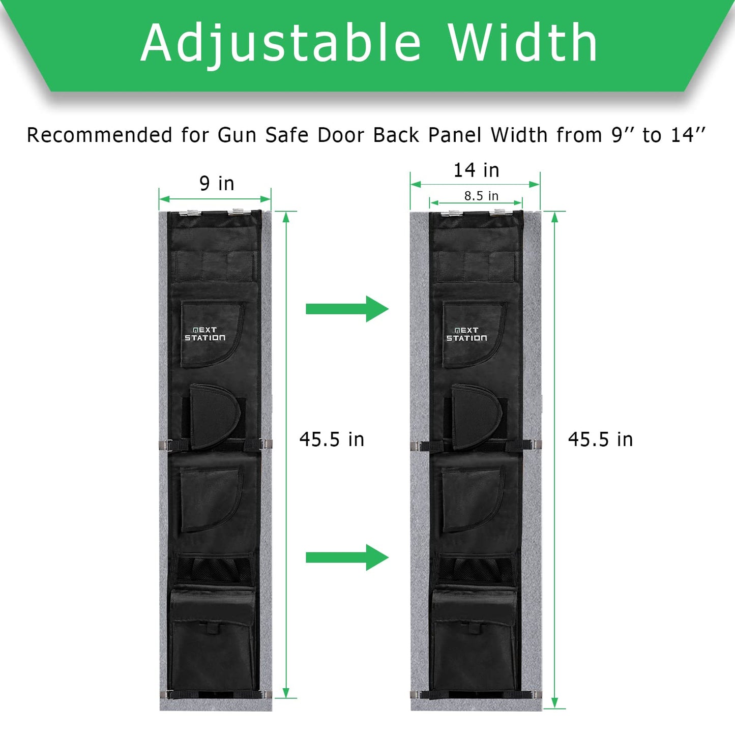NEXT STATION Gun Safe Door Organizer,Safe Door Panel Organizer with Pistol Holsters Document Pouch Adjustable Width Fit Back Panel from 9 to 14 inches, Gun Safe Accessories Storage (8.5W*45.5H inch)